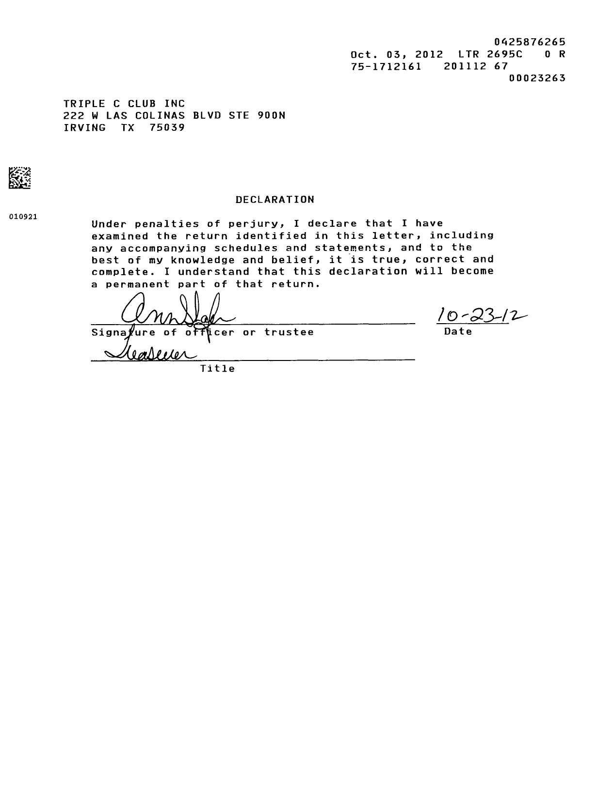 Image of first page of 2011 Form 990EOR for Triple C Club