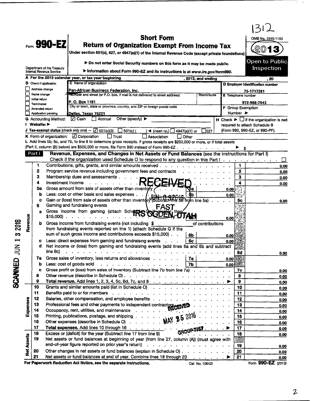 Image of first page of 2013 Form 990EZ for Pan-African Business Federation