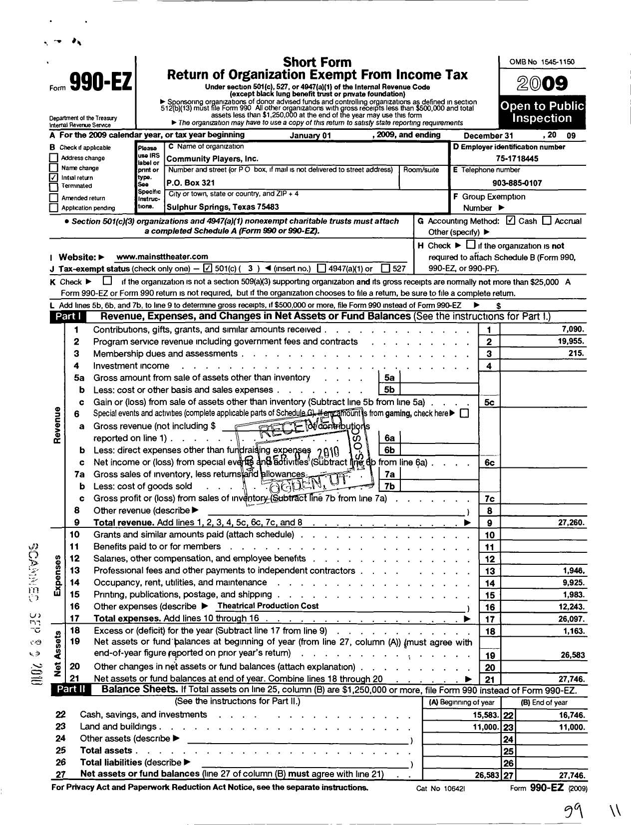 Image of first page of 2009 Form 990EZ for Community Players