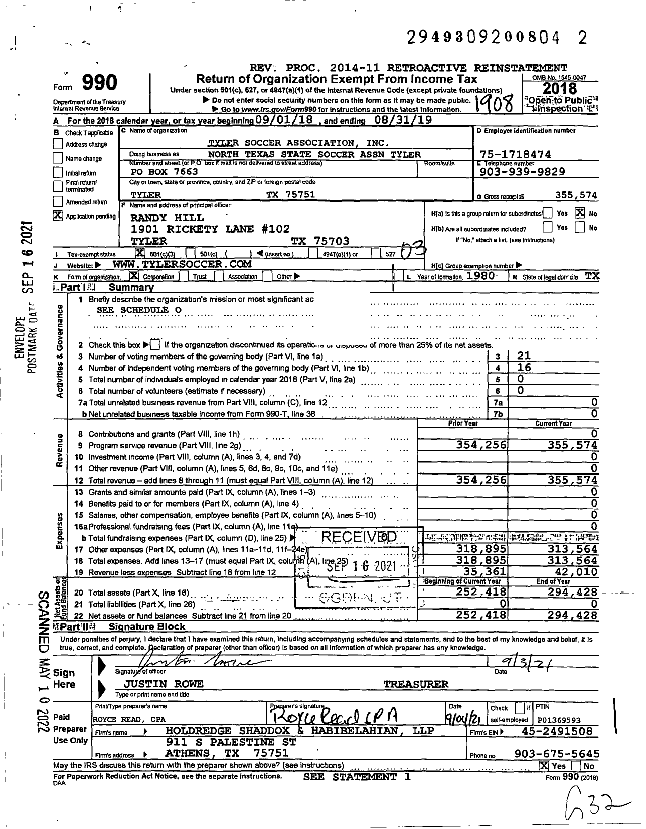 Image of first page of 2018 Form 990 for North Texas State Soccer Association Tyler