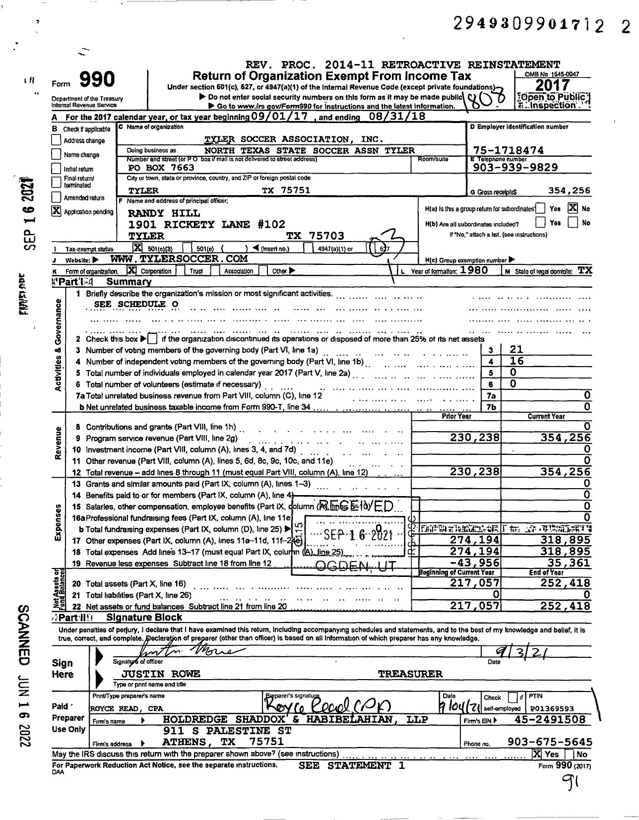 Image of first page of 2017 Form 990 for North Texas State Soccer Association Tyler