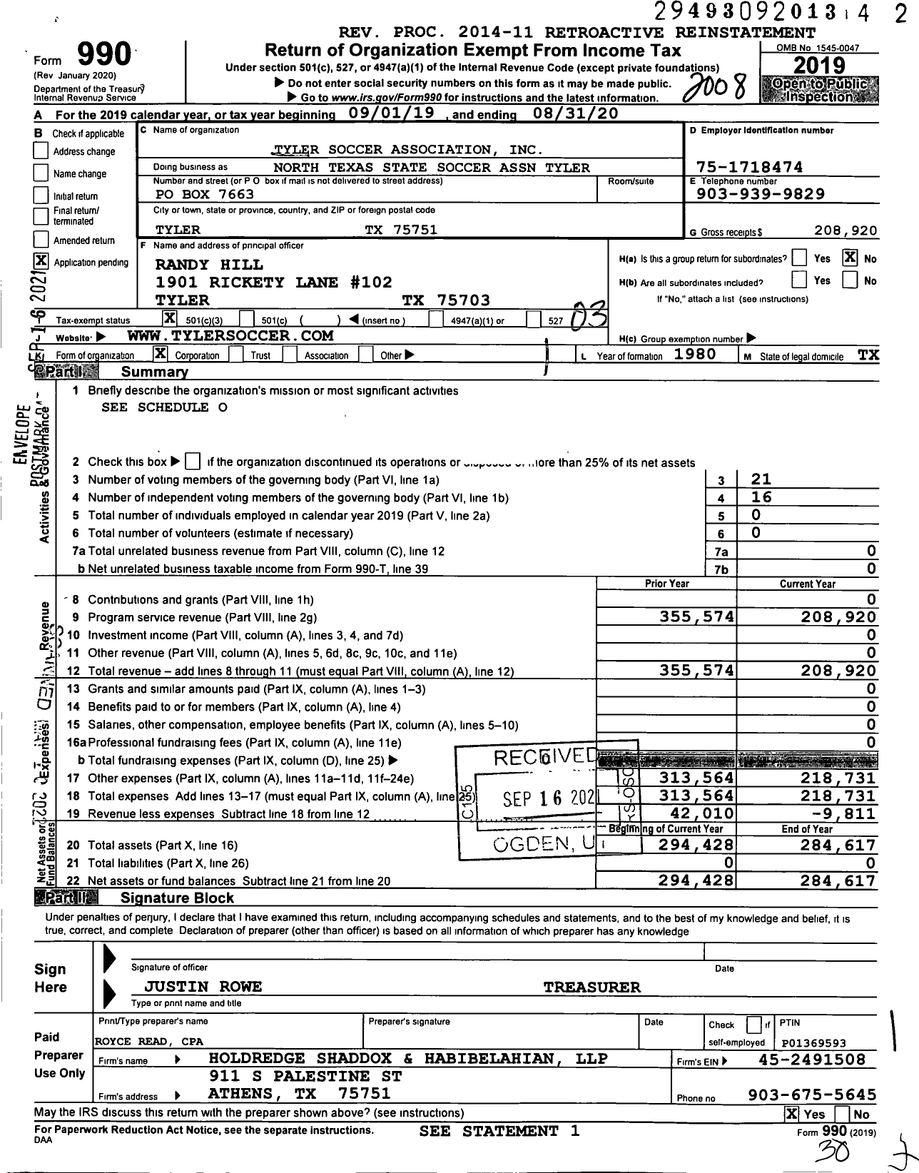 Image of first page of 2019 Form 990 for North Texas State Soccer Association Tyler