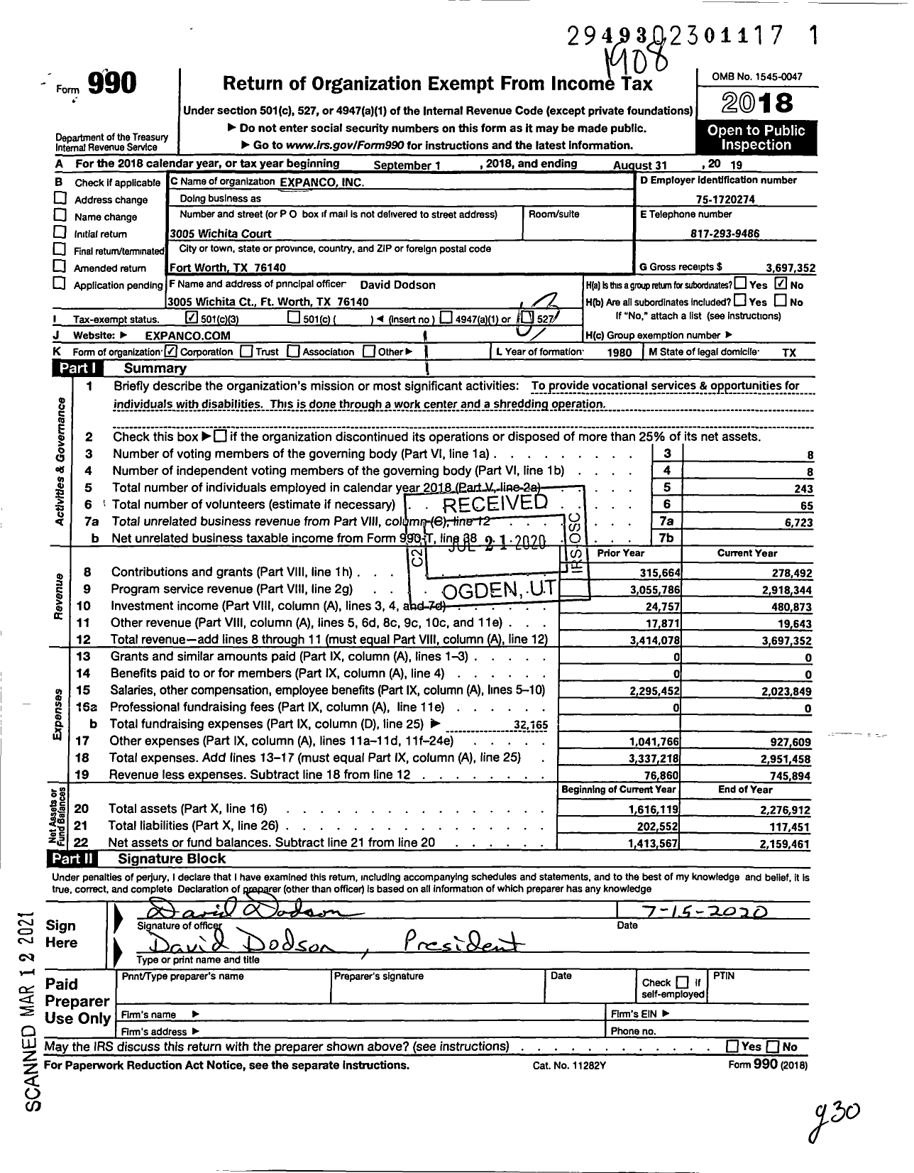Image of first page of 2018 Form 990 for Amplify / Expanco Inc