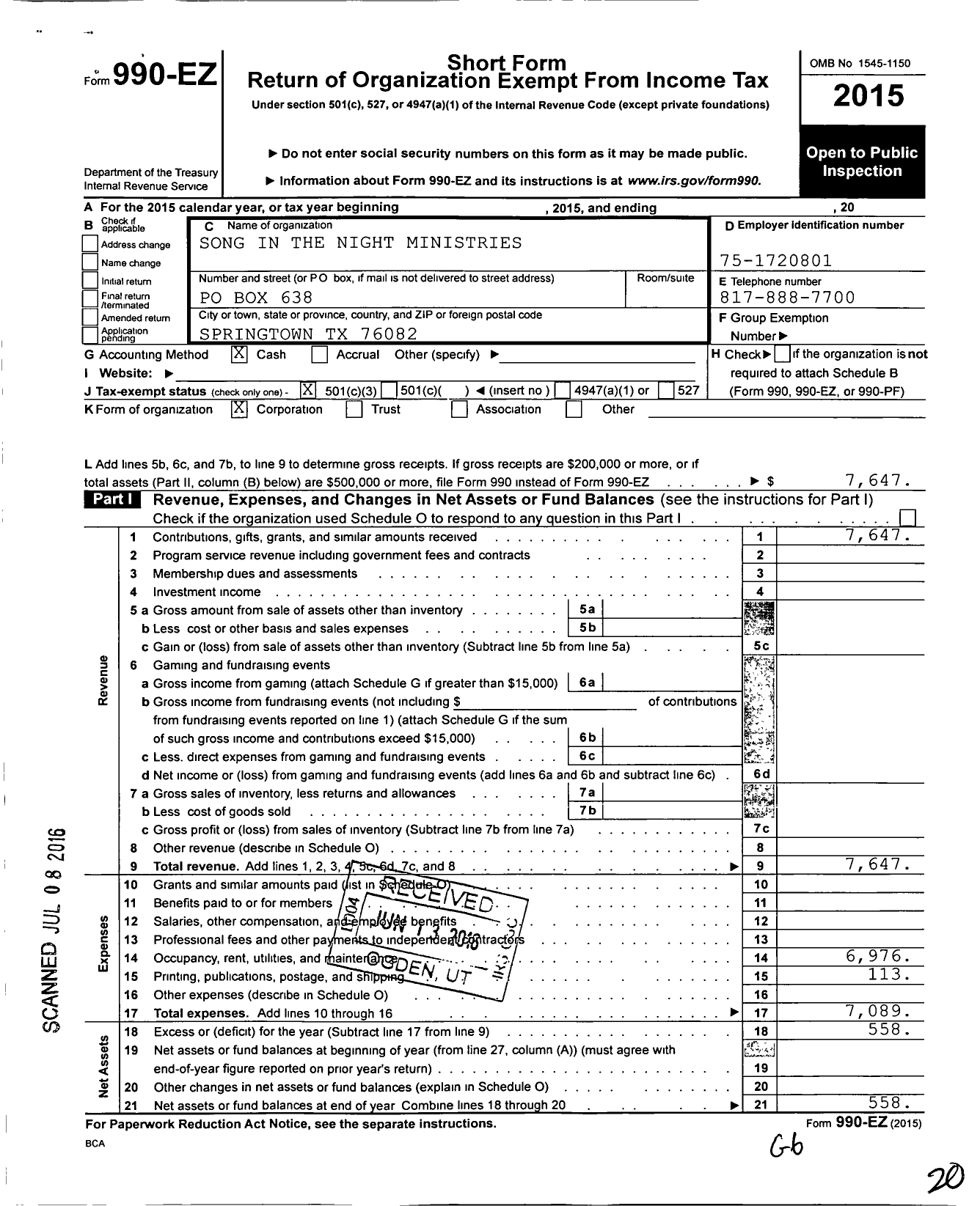 Image of first page of 2015 Form 990EZ for Song in the Night Ministries