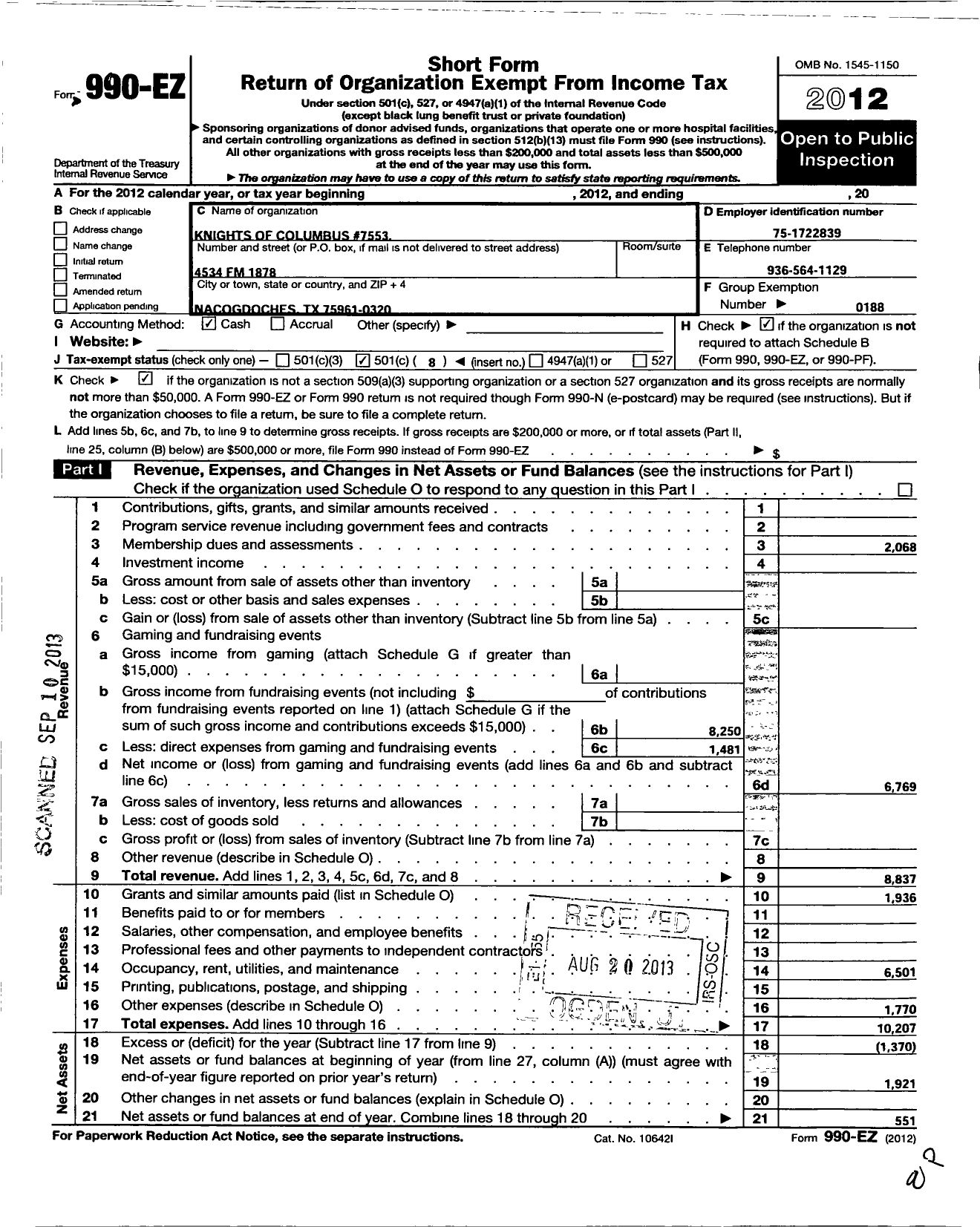 Image of first page of 2012 Form 990EO for Knights of Columbus - 7553 Father Margil Council