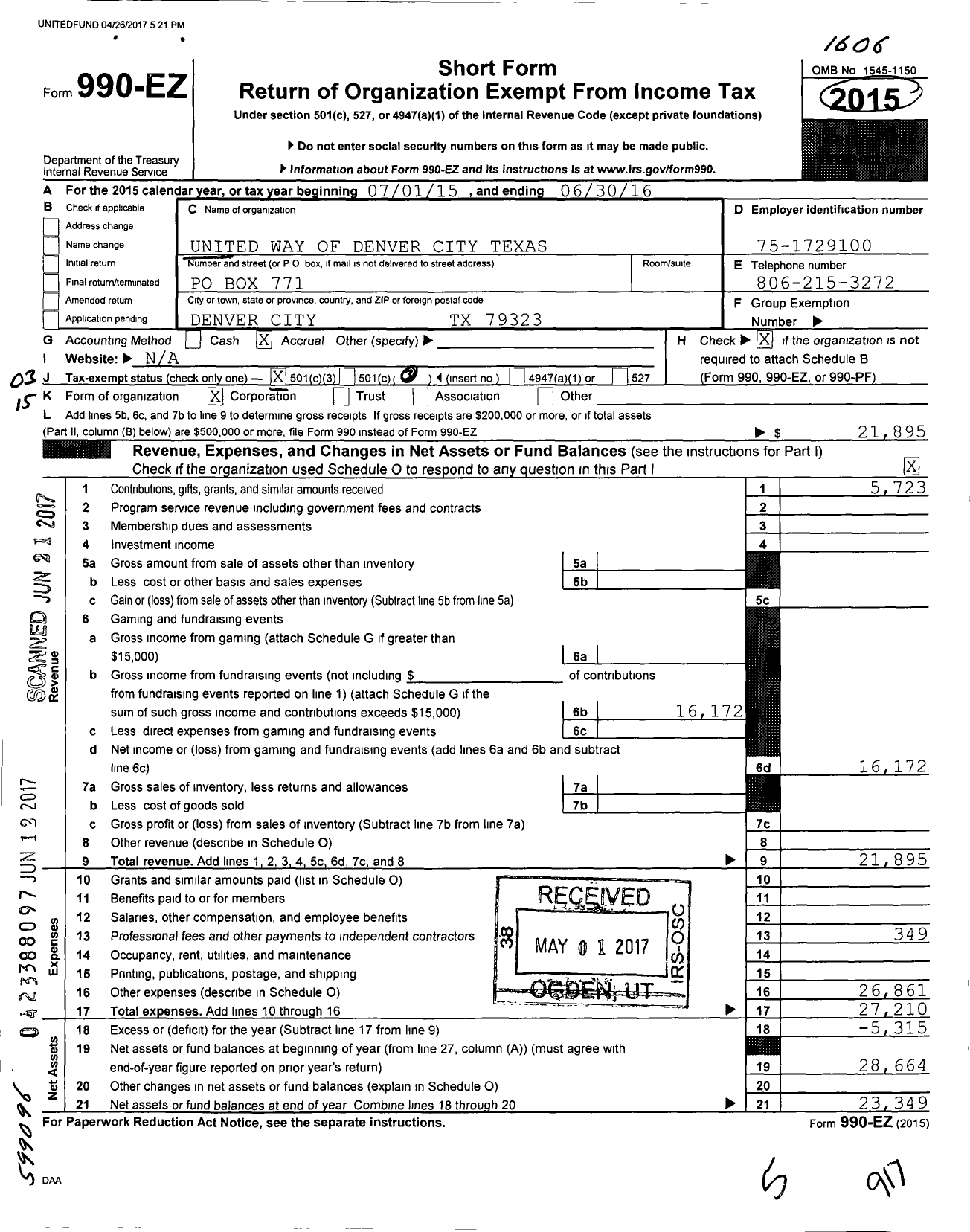 Image of first page of 2015 Form 990EZ for United Way of Denver City Texas