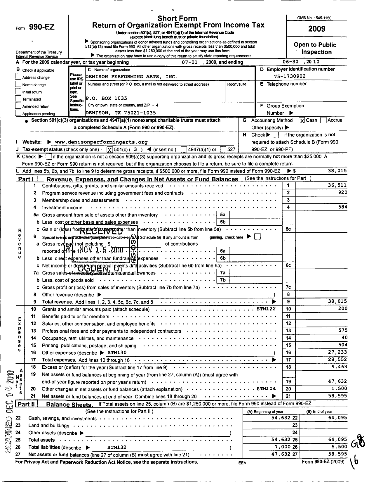 Image of first page of 2009 Form 990EZ for Denison Performing Arts