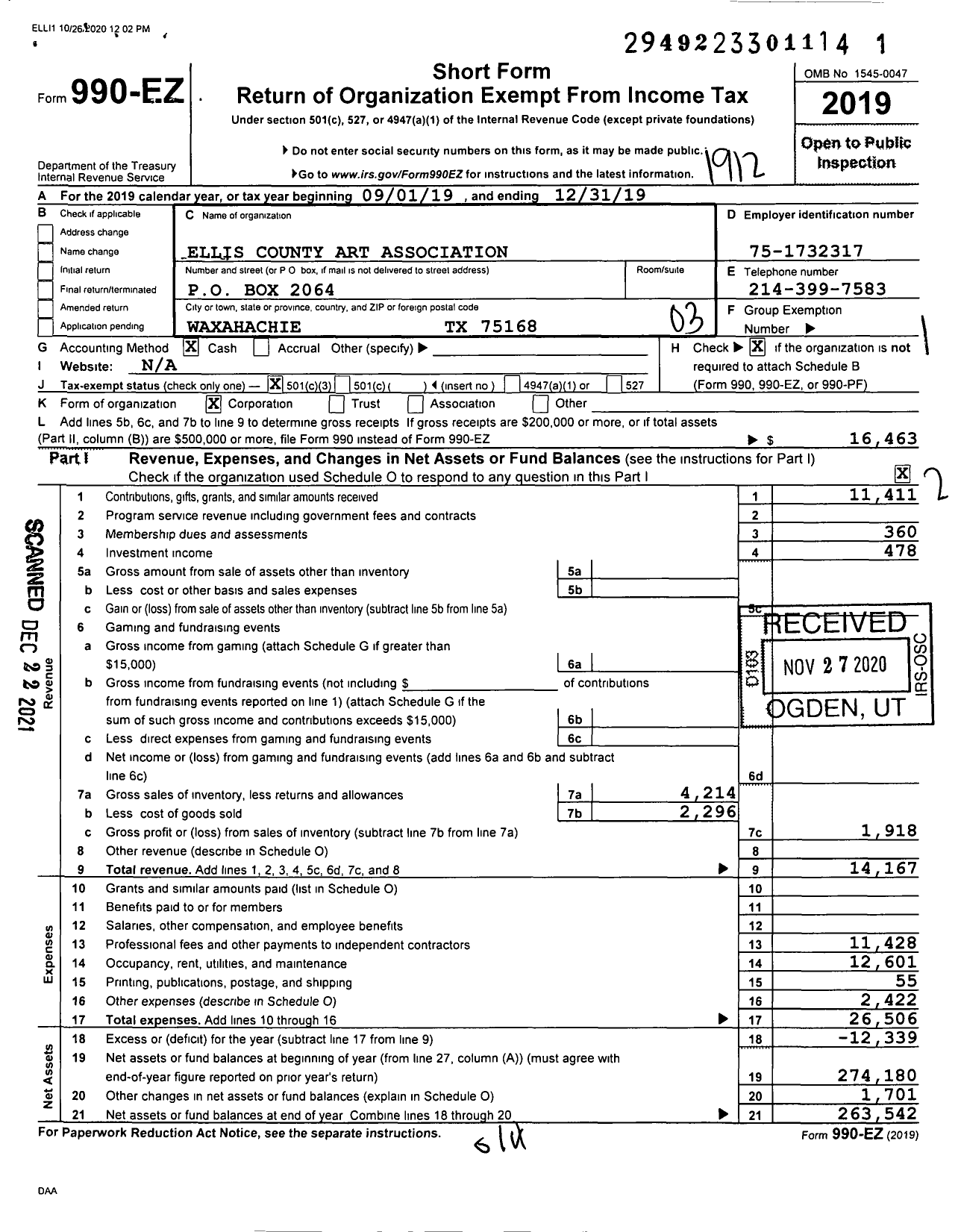 Image of first page of 2019 Form 990EZ for Ellis County Art Association