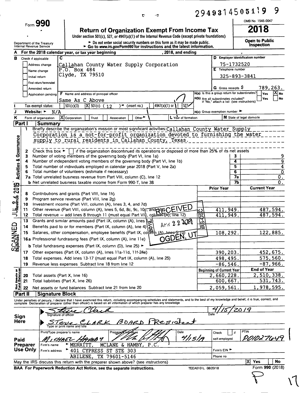 Image of first page of 2018 Form 990O for Callahan County Water Supply Corporation