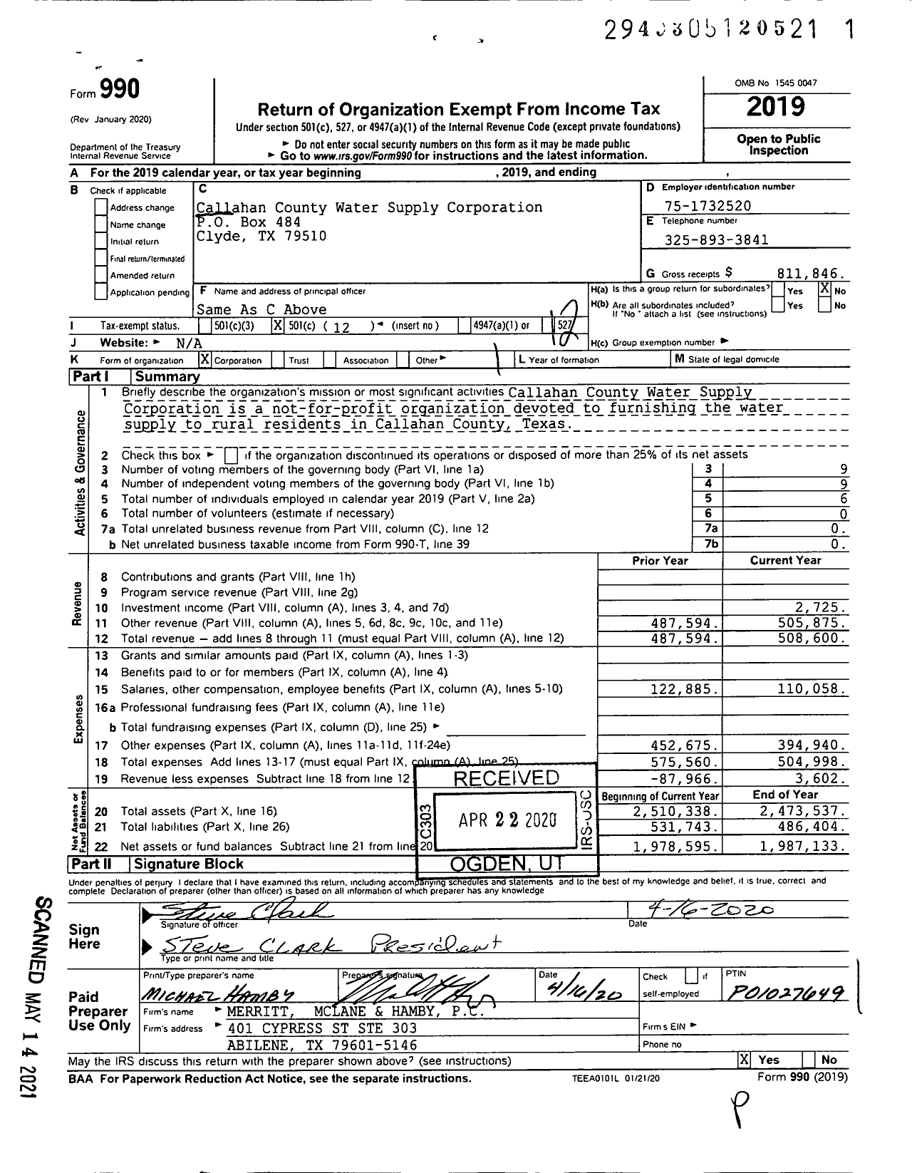 Image of first page of 2019 Form 990O for Callahan County Water Supply Corporation