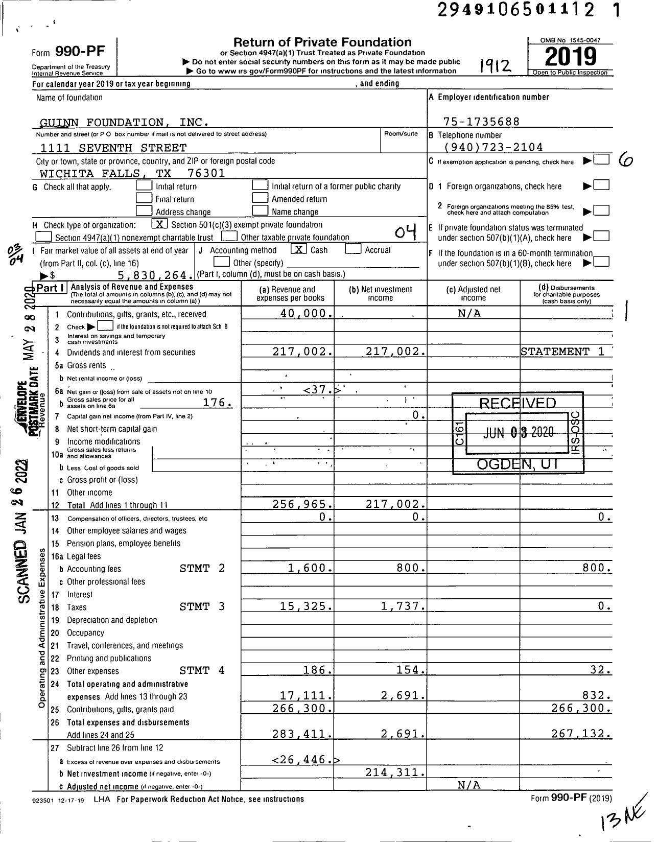 Image of first page of 2019 Form 990PF for Guinn Foundation