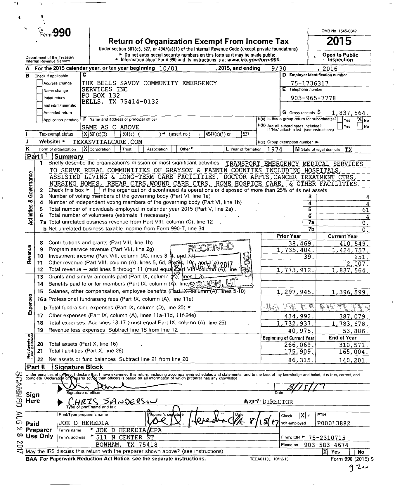 Image of first page of 2015 Form 990 for The Bells Savoy Community Emergency Services