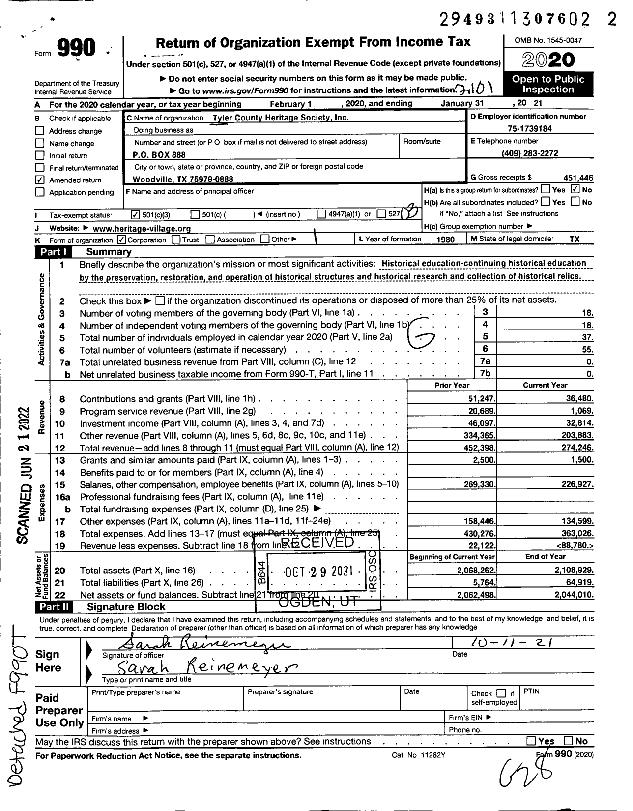 Image of first page of 2020 Form 990 for Tyler County Heritage Society