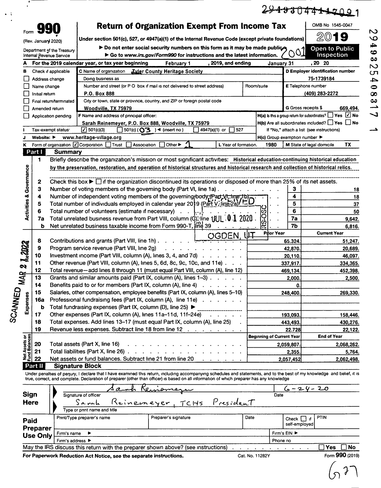 Image of first page of 2019 Form 990 for Tyler County Heritage Society