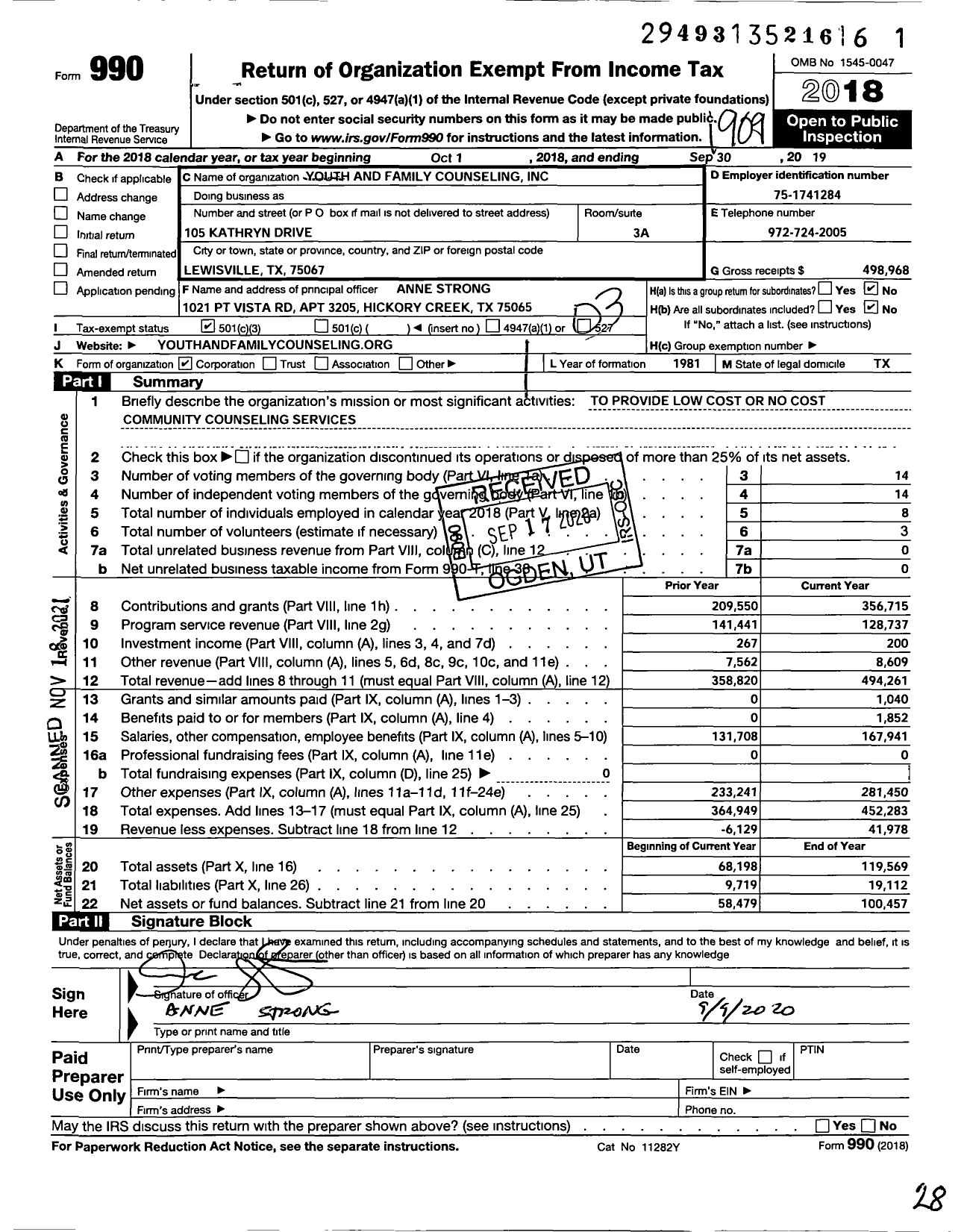 Image of first page of 2018 Form 990 for Youth and Family Counseling