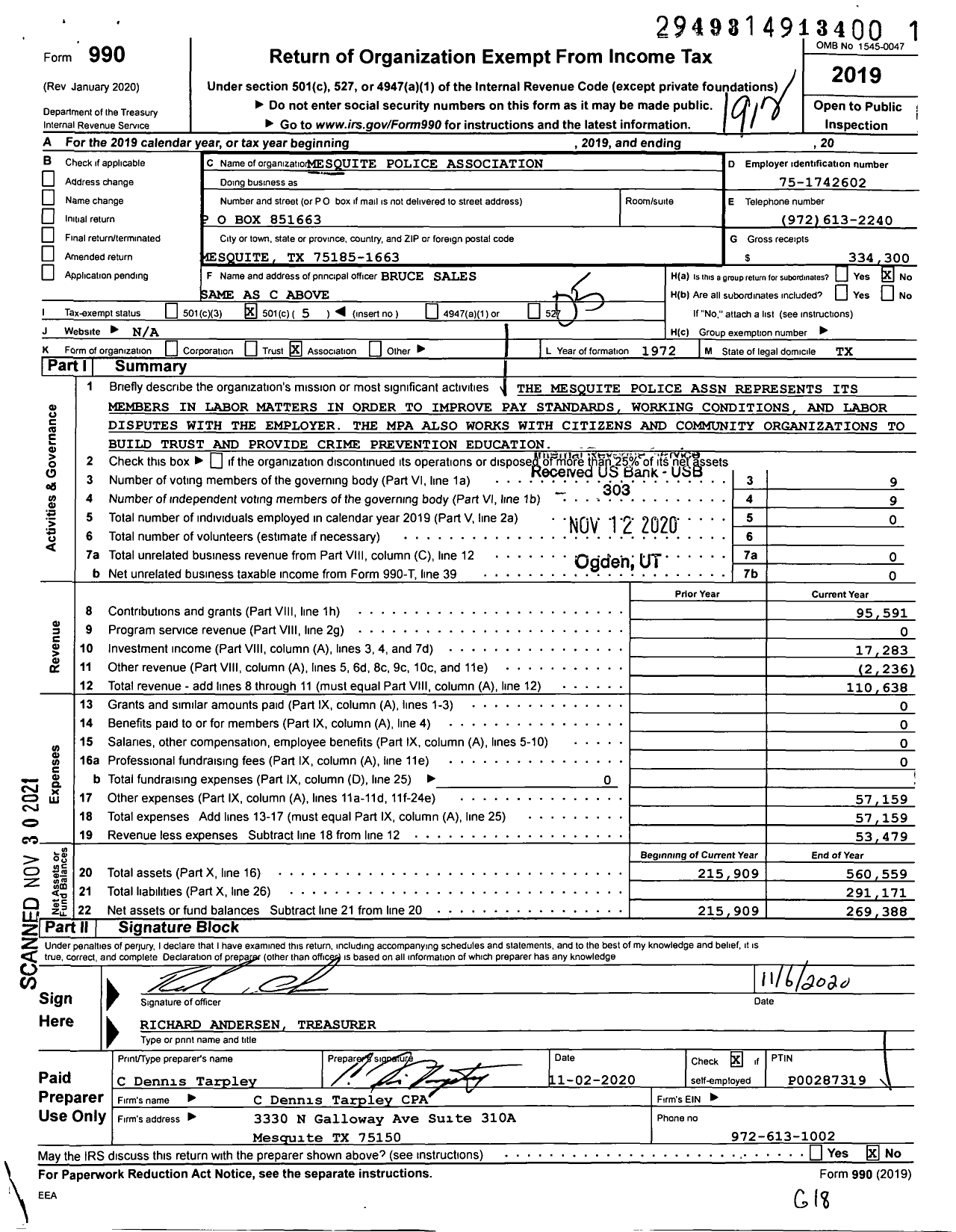 Image of first page of 2019 Form 990O for Mesquite Police Association