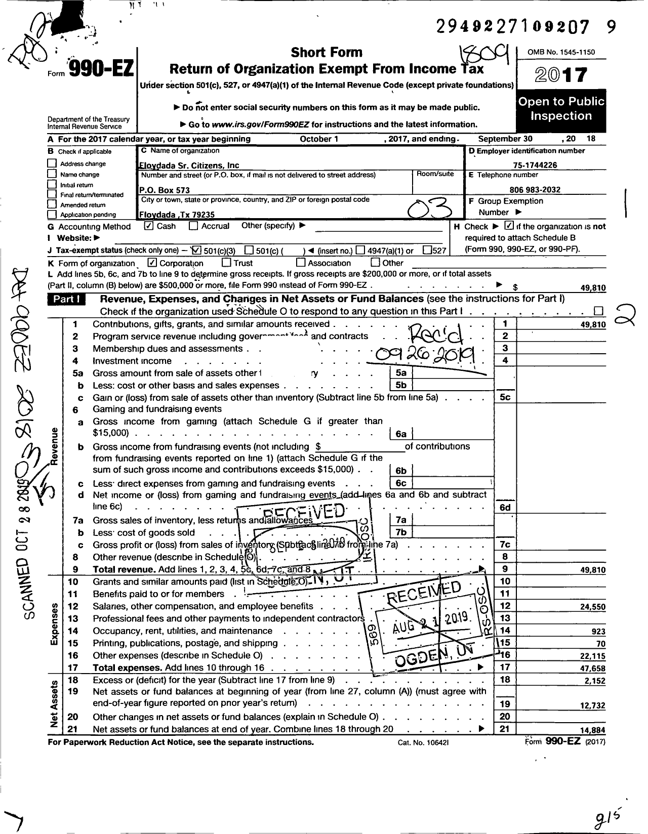 Image of first page of 2017 Form 990EZ for Floydada Senior Citizens Incorporated