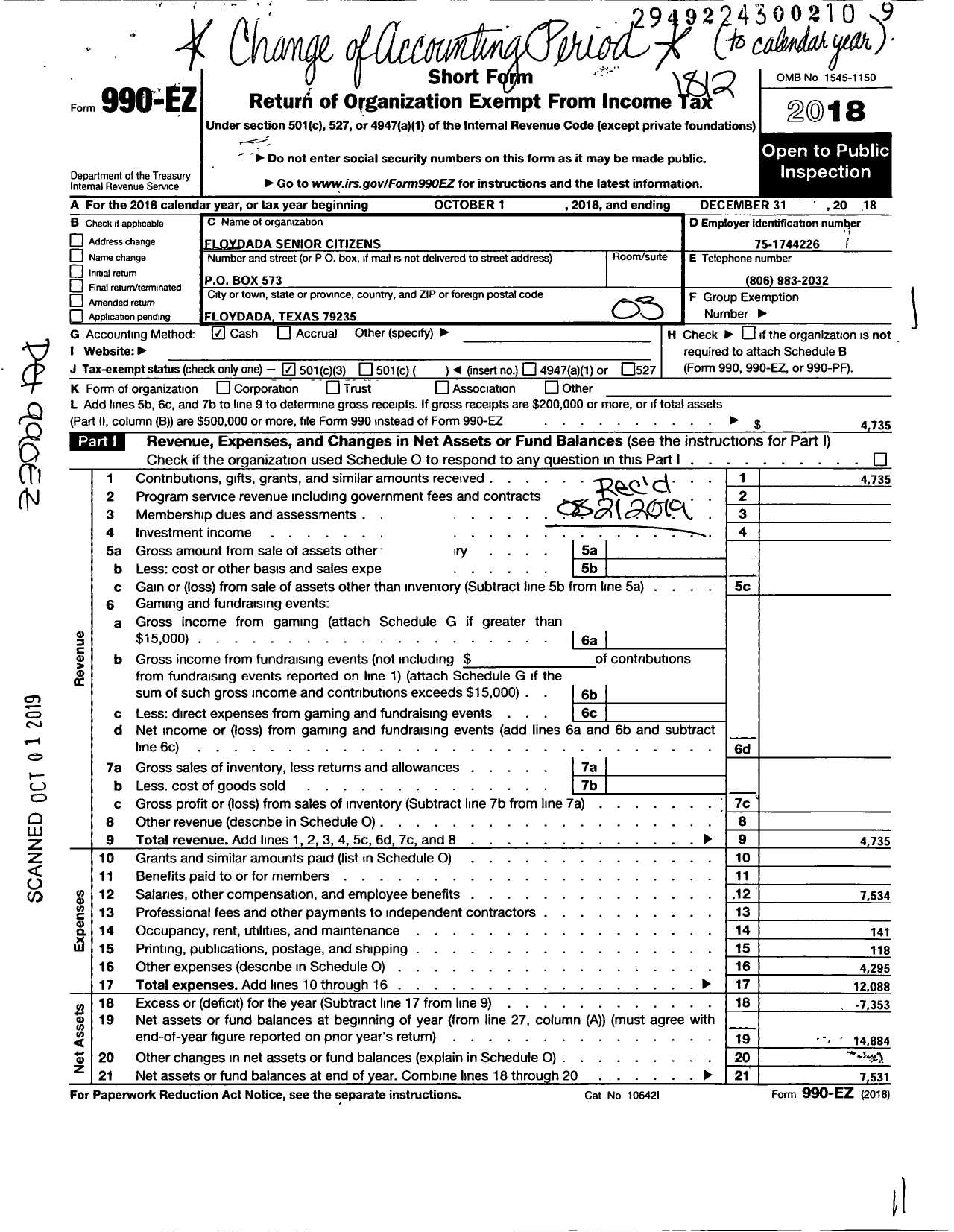 Image of first page of 2018 Form 990EZ for Floydada Senior Citizens Incorporated