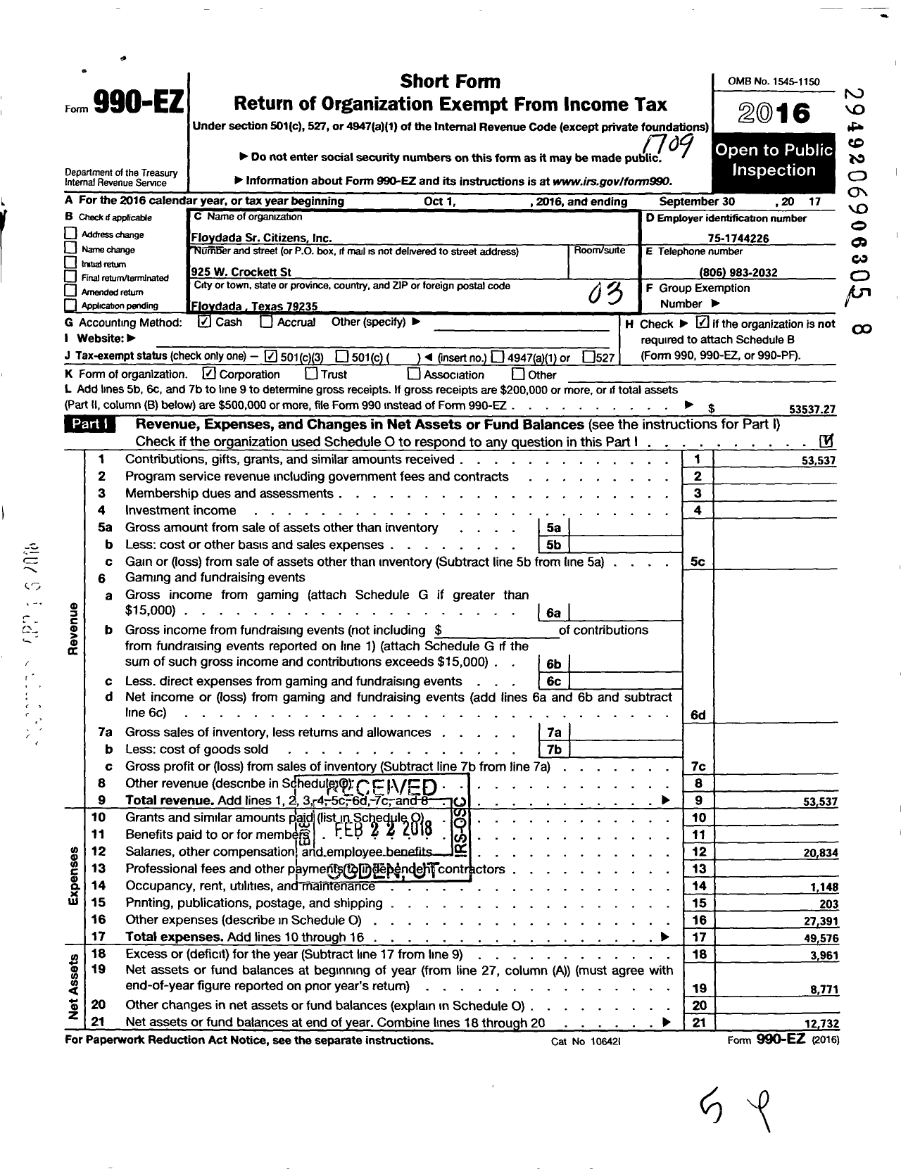 Image of first page of 2016 Form 990EZ for Floydada Senior Citizens Incorporated