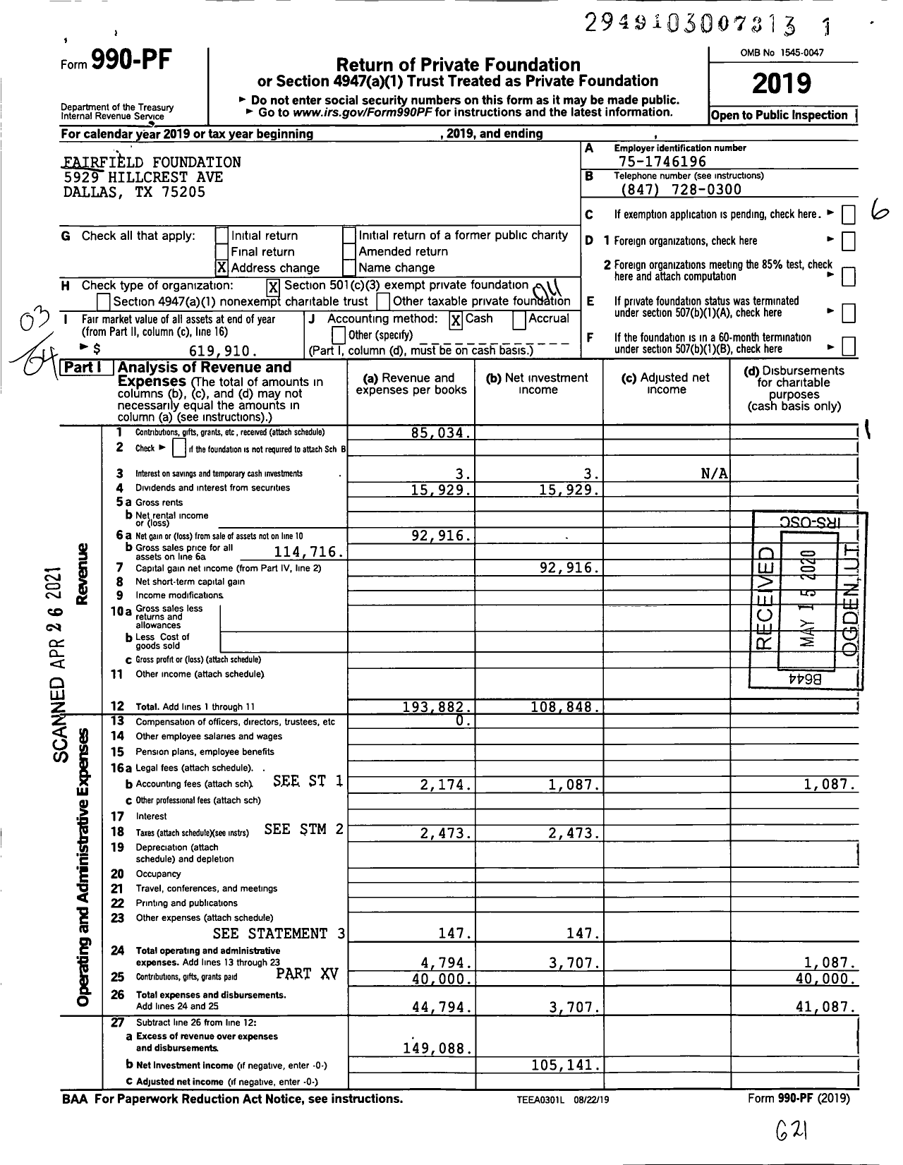 Image of first page of 2019 Form 990PF for Fairfield Foundation