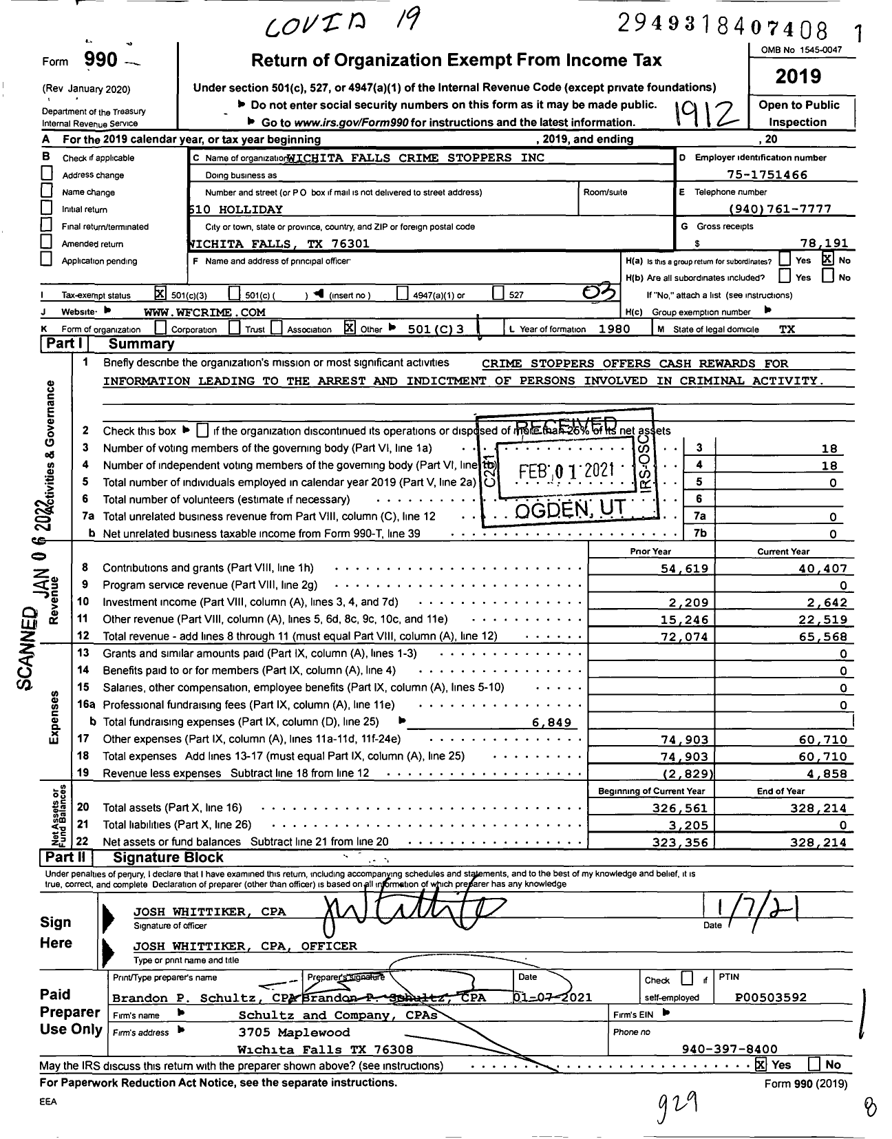 Image of first page of 2019 Form 990 for Wichita Falls Area Crime Stoppers