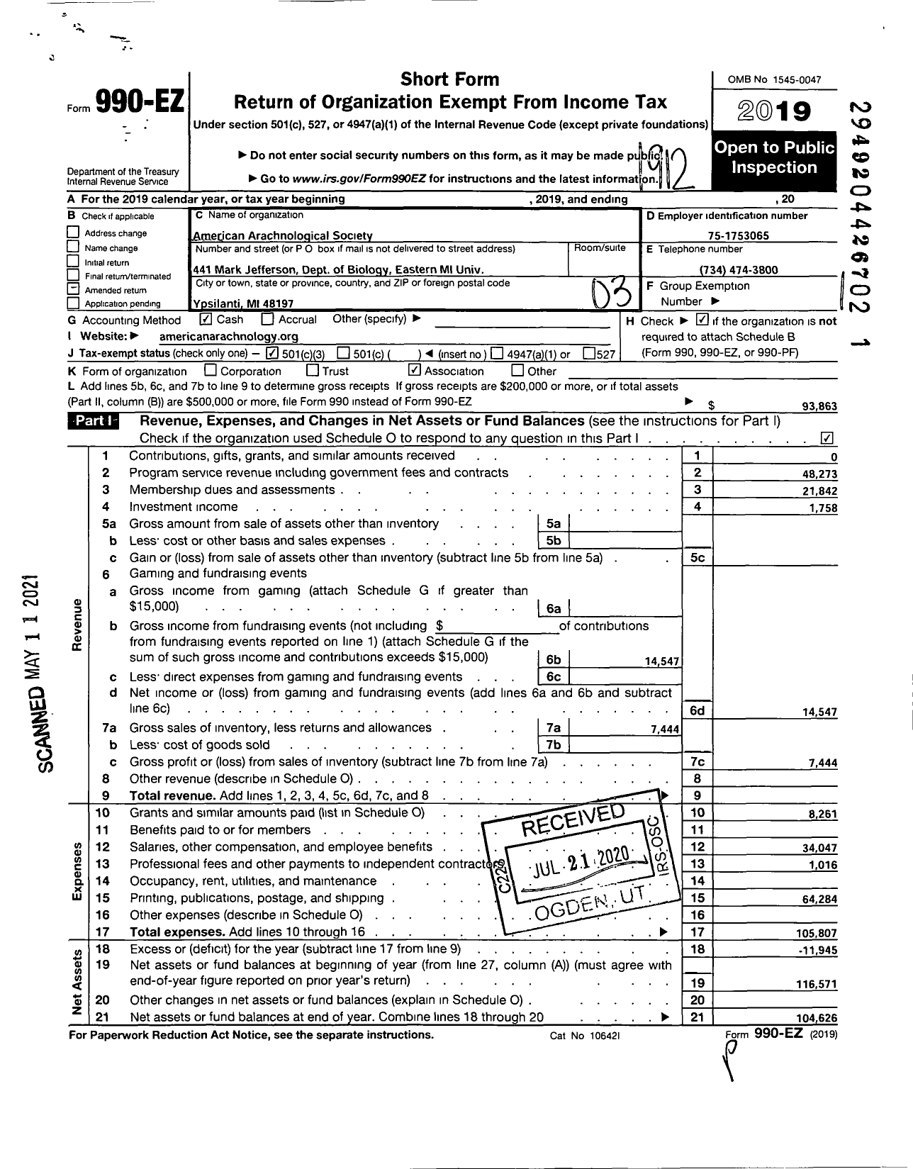 Image of first page of 2019 Form 990EZ for American Arachnological Society