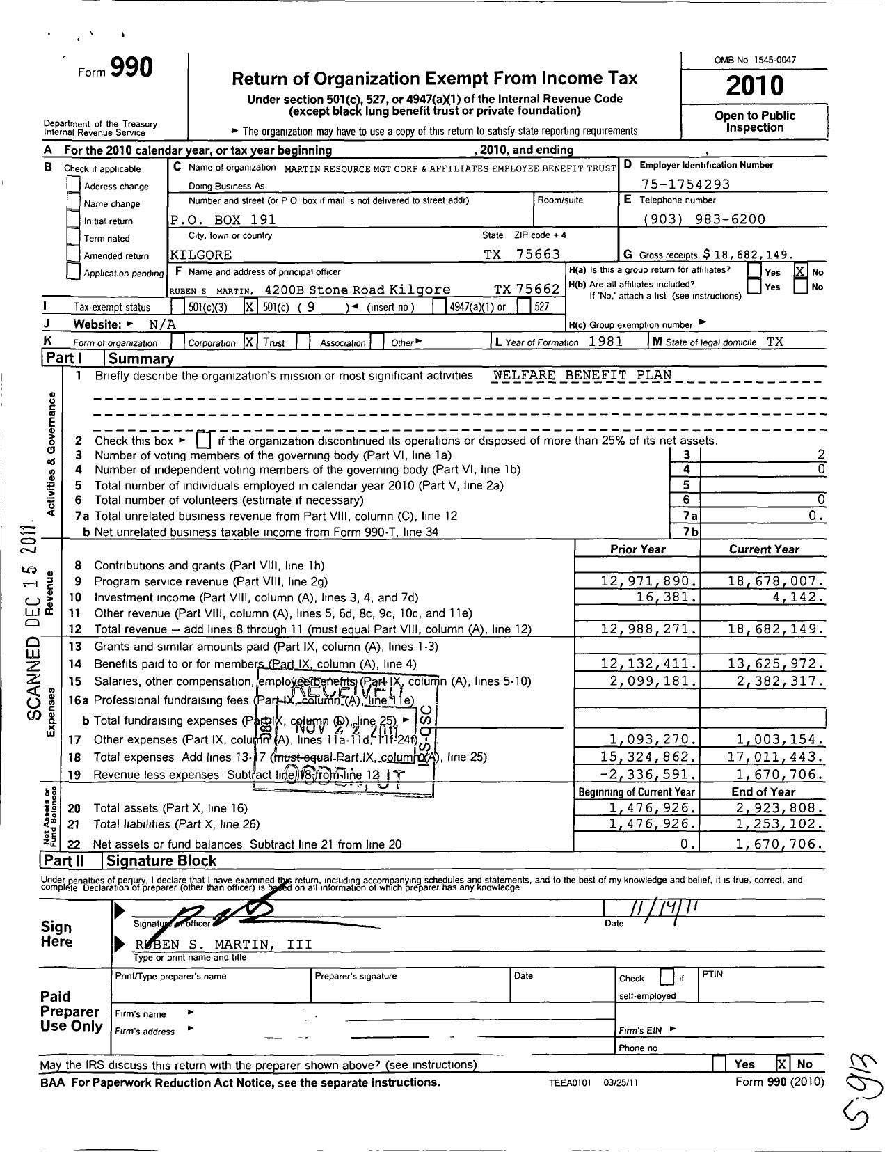 Image of first page of 2010 Form 990O for Martin Resource MGT Corp and Affiliates Employee Benefit Trust