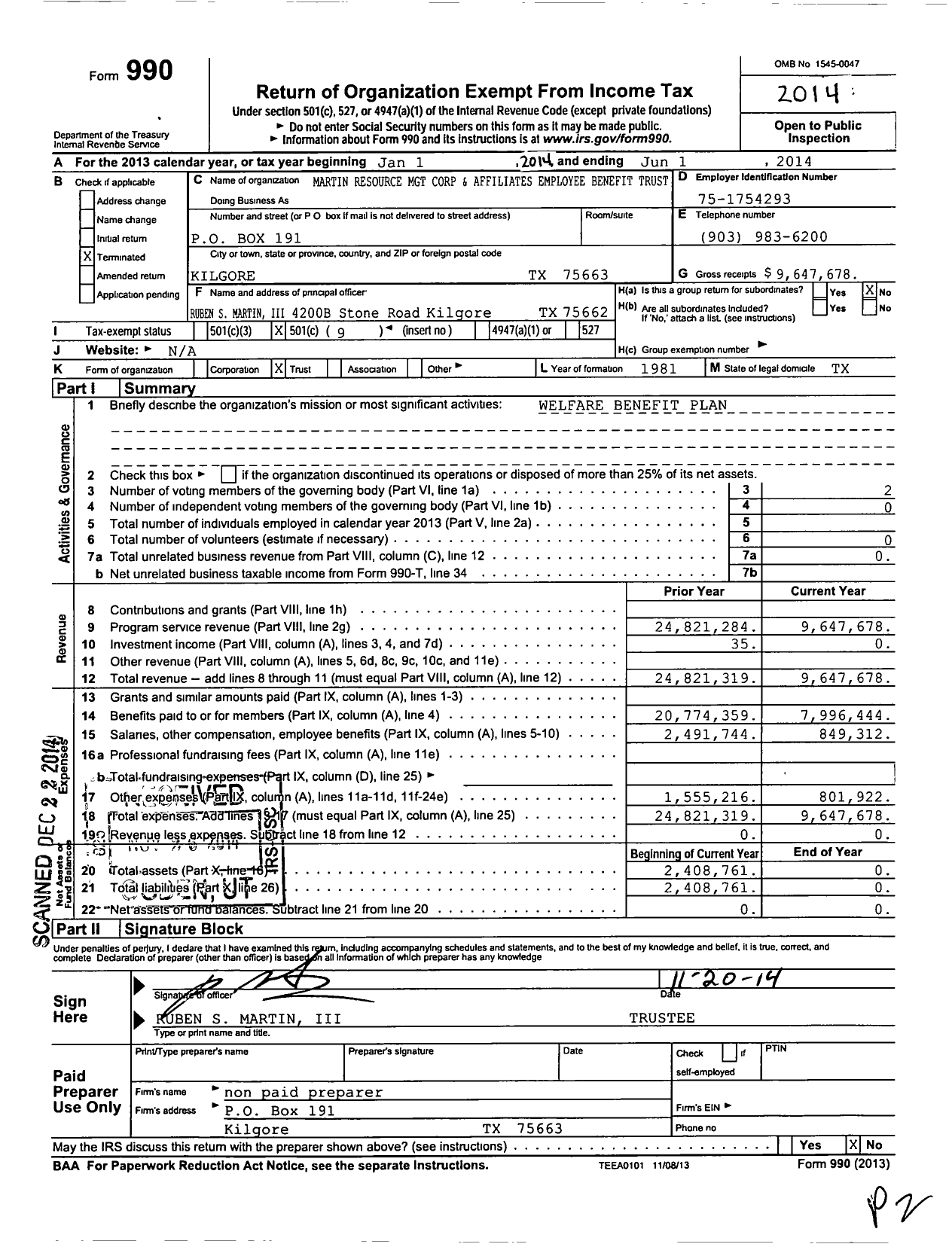 Image of first page of 2013 Form 990O for Martin Resource MGT Corp and Affiliates Employee Benefit Trust