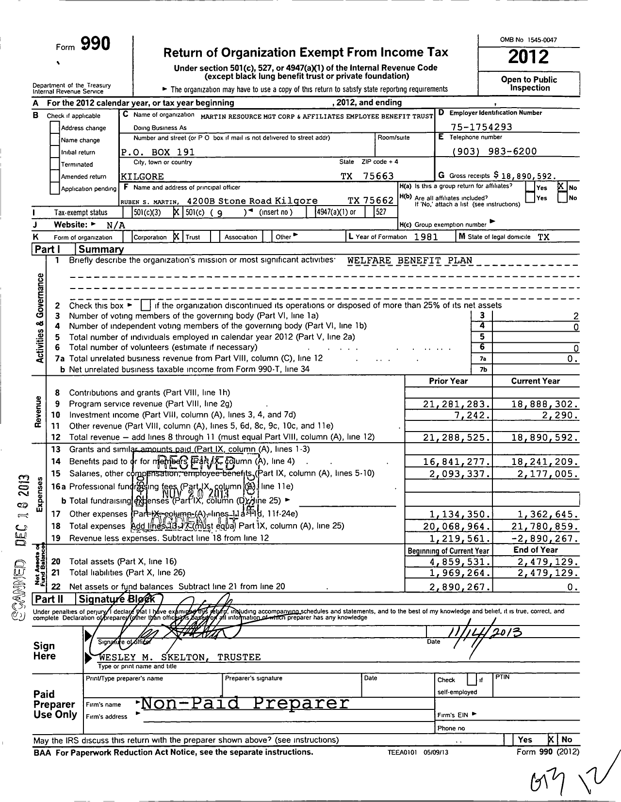Image of first page of 2012 Form 990O for Martin Resource MGT Corp and Affiliates Employee Benefit Trust