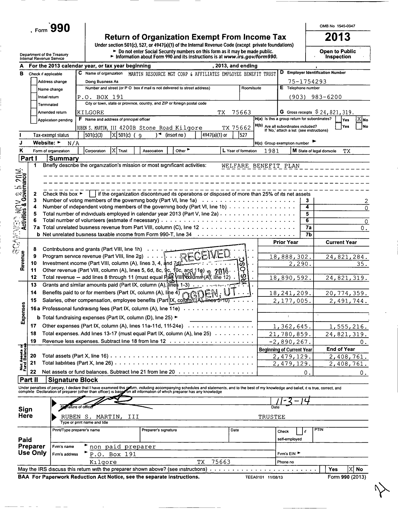 Image of first page of 2013 Form 990O for Martin Resource MGT Corp and Affiliates Employee Benefit Trust