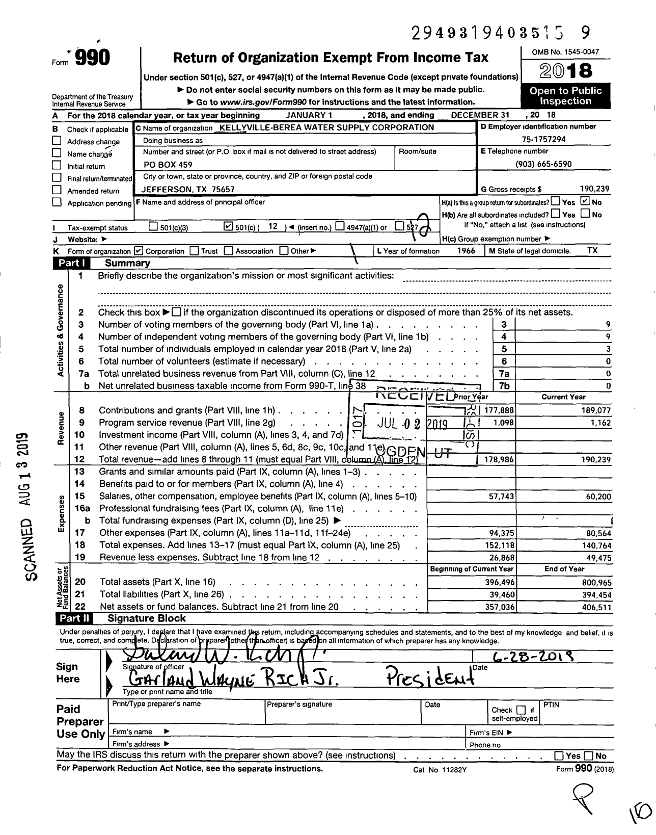 Image of first page of 2018 Form 990O for Kellyville-Berea Water Supply Corporation