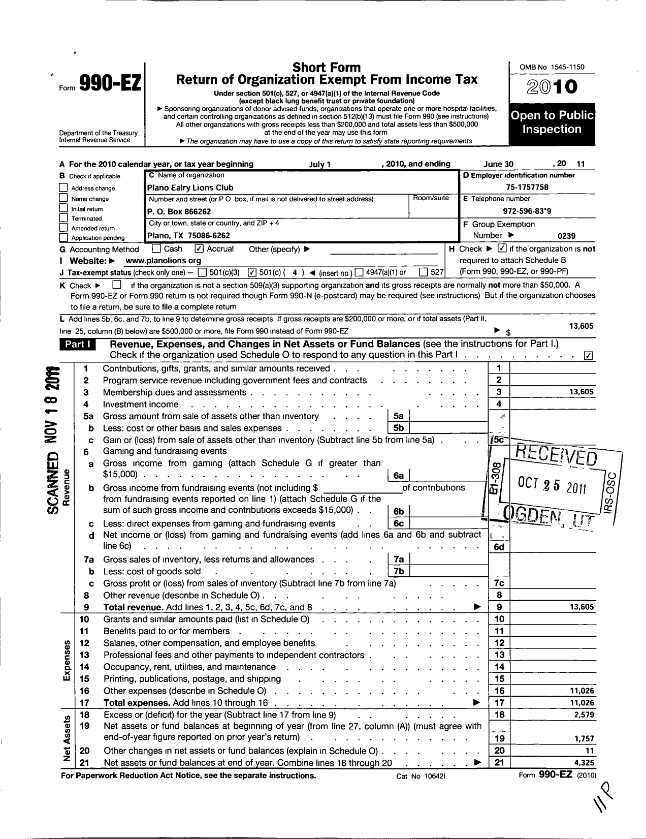 Image of first page of 2010 Form 990EO for Lions Clubs - 33920 Plano Early