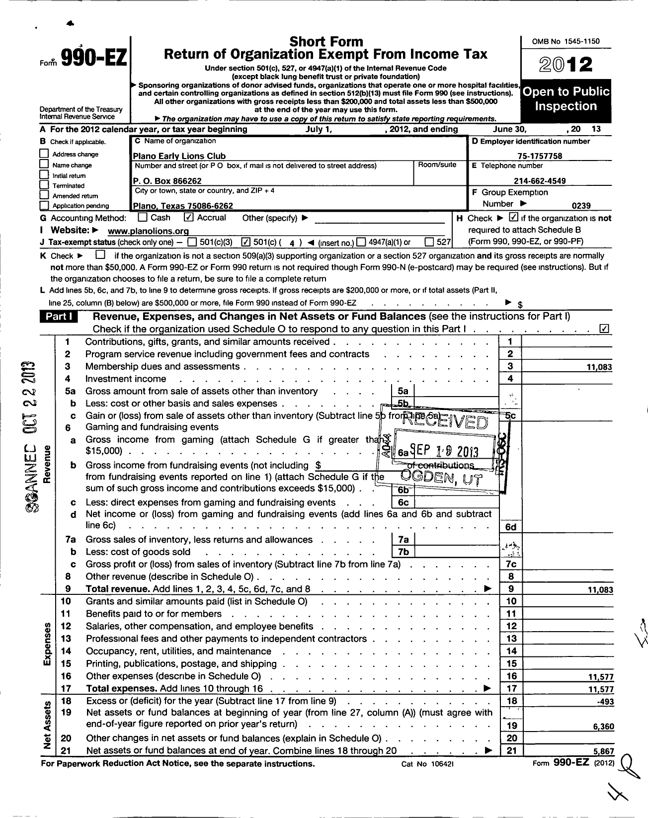 Image of first page of 2012 Form 990EO for Lions Clubs - 33920 Plano Early