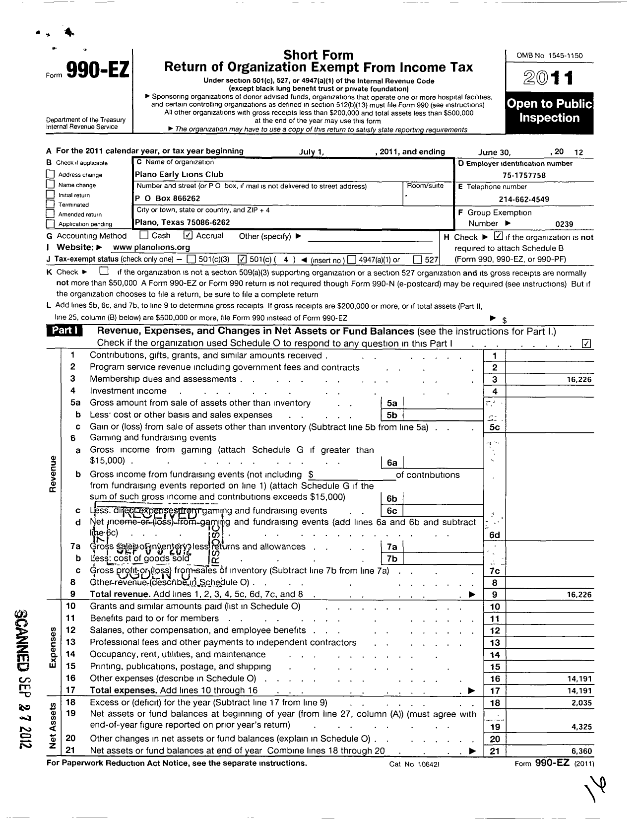 Image of first page of 2011 Form 990EO for Lions Clubs - 33920 Plano Early