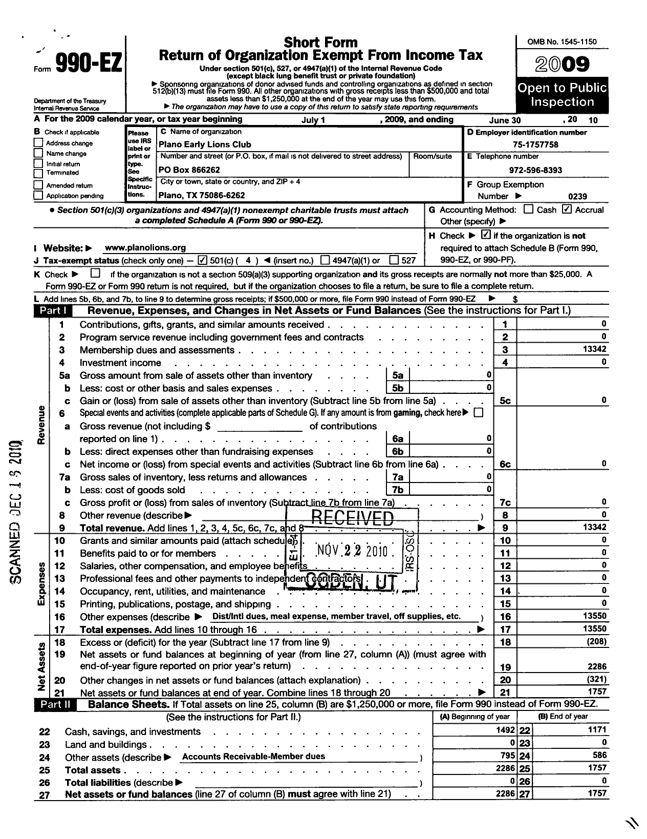 Image of first page of 2009 Form 990EO for Lions Clubs - 33920 Plano Early