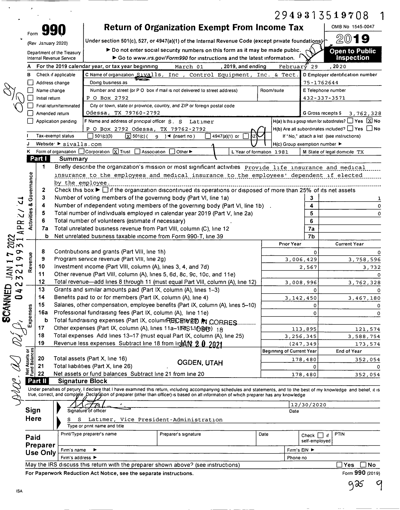 Image of first page of 2019 Form 990O for Sivalls and Control Equipment Medical Plan Trust