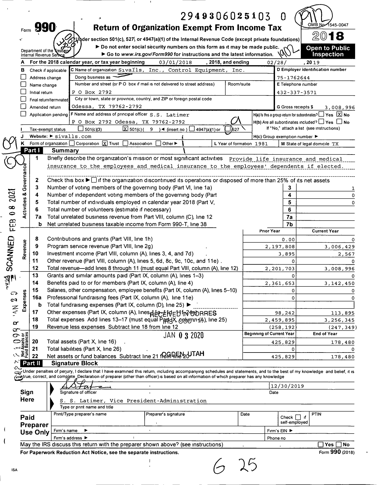 Image of first page of 2018 Form 990O for Sivalls and Control Equipment Medical Plan Trust