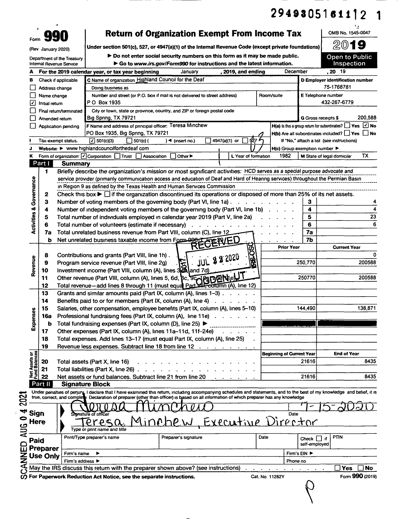 Image of first page of 2019 Form 990 for Highland Council for the Deaf