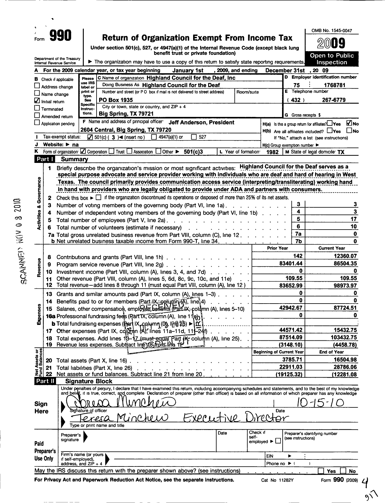 Image of first page of 2009 Form 990 for Highland Council for the Deaf