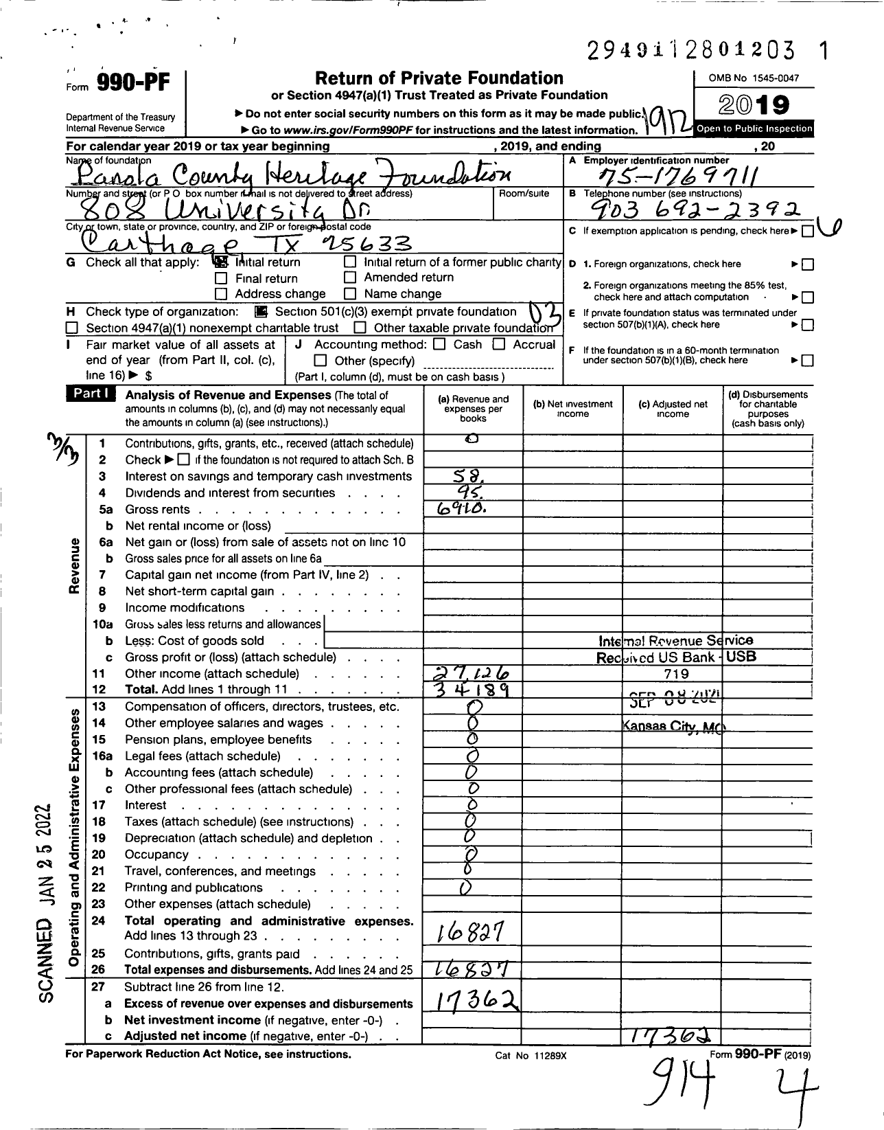 Image of first page of 2019 Form 990PF for Panola County Heritage Foundation