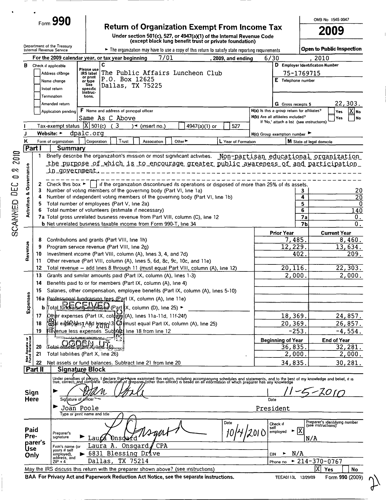 Image of first page of 2009 Form 990 for Public Affairs Luncheon Club