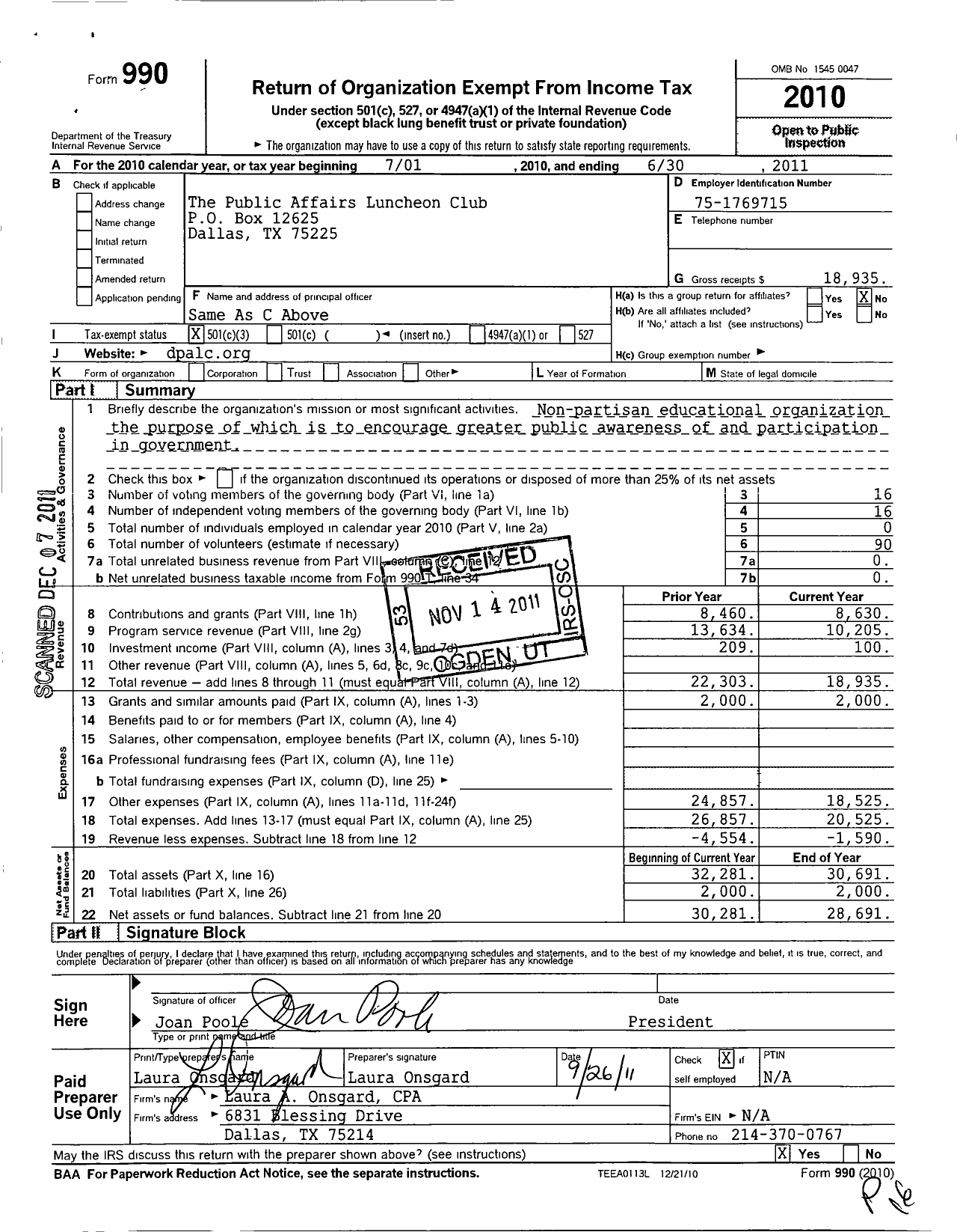 Image of first page of 2010 Form 990 for Public Affairs Luncheon Club