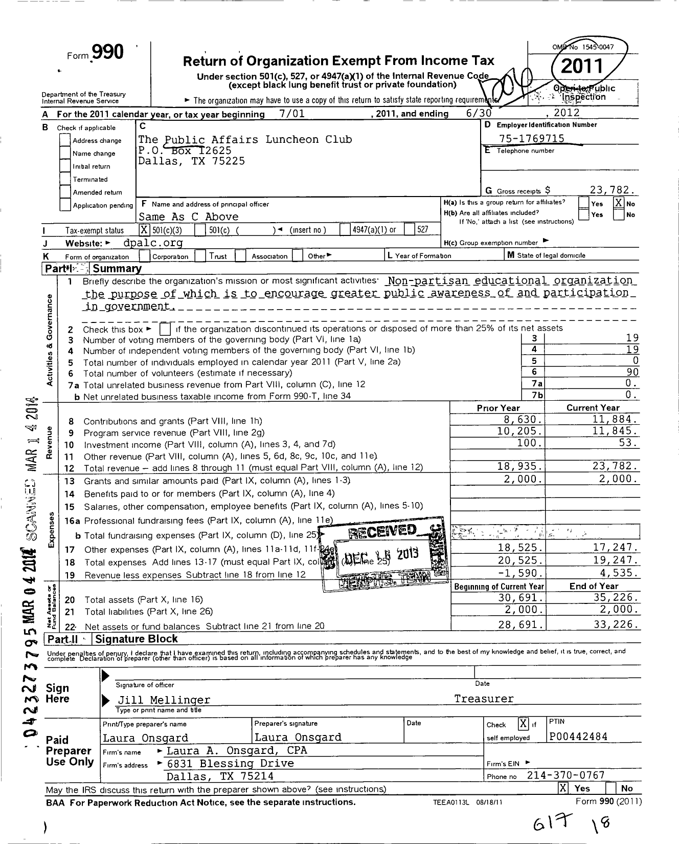 Image of first page of 2011 Form 990 for Public Affairs Luncheon Club