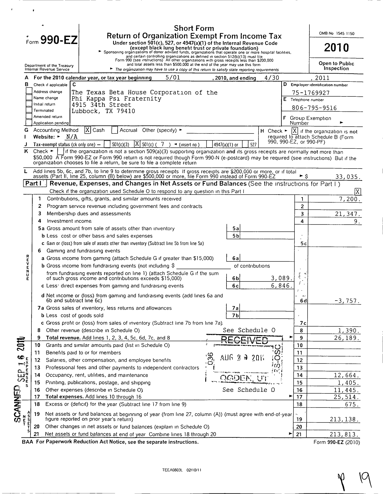 Image of first page of 2010 Form 990EO for Texas Beta House Corporation of the Phi Kappa Psi Fraternity