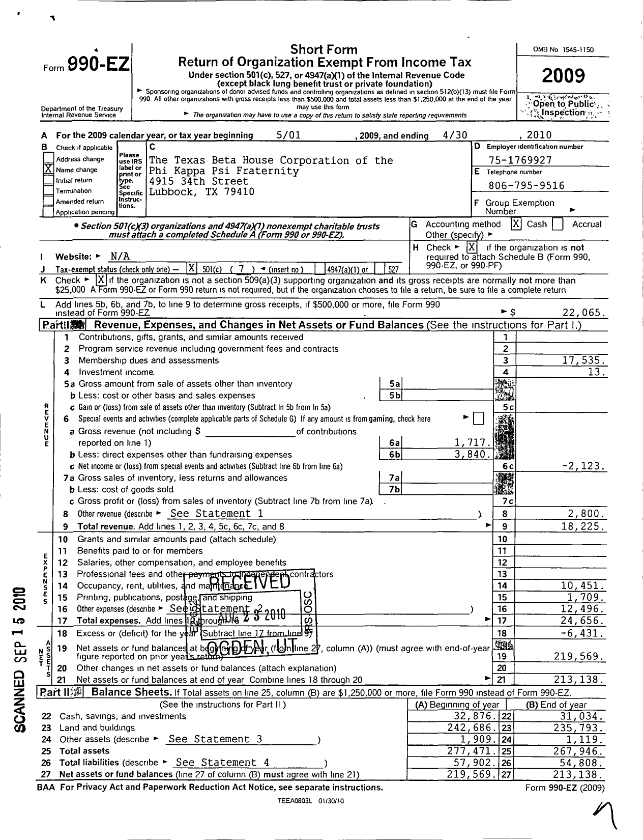 Image of first page of 2009 Form 990EO for Texas Beta House Corporation of the Phi Kappa Psi Fraternity