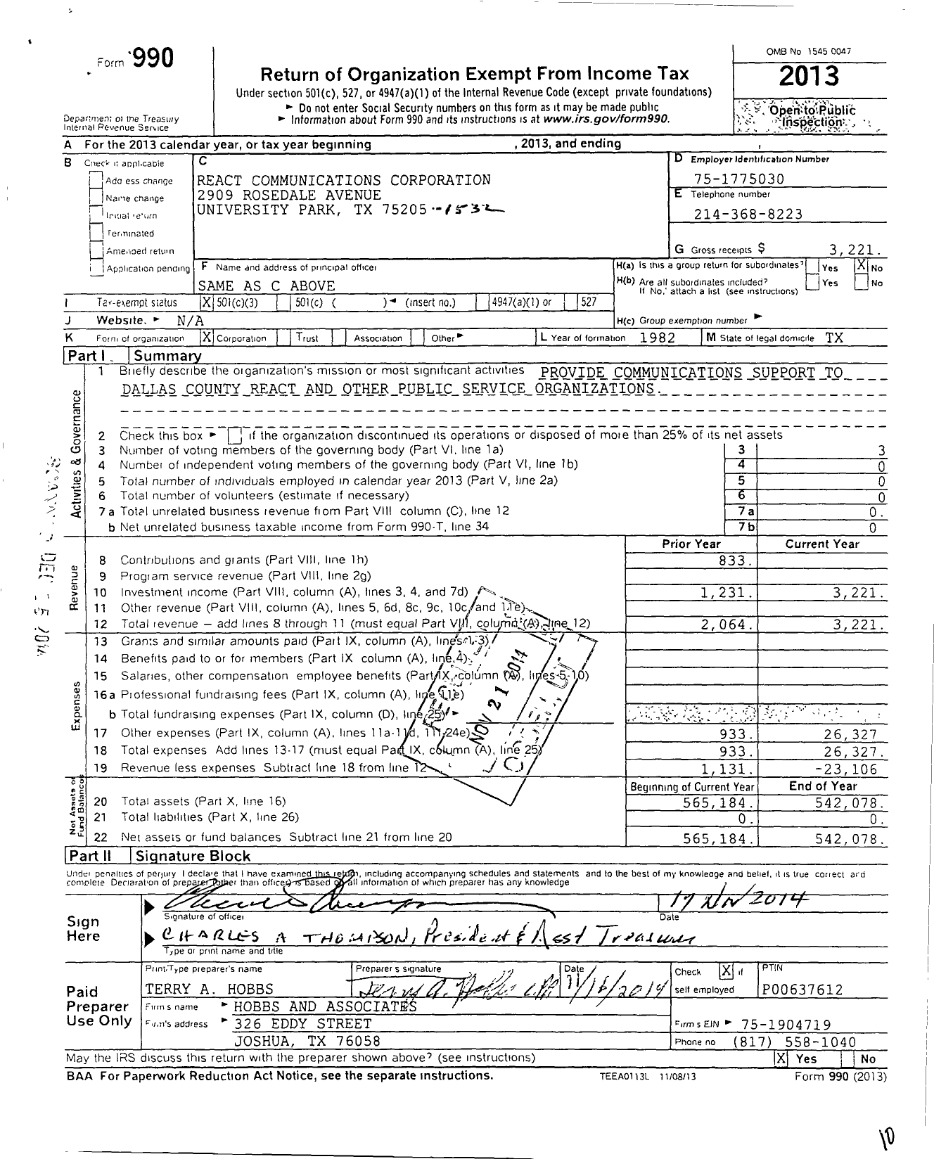 Image of first page of 2013 Form 990 for React Communications Corporation