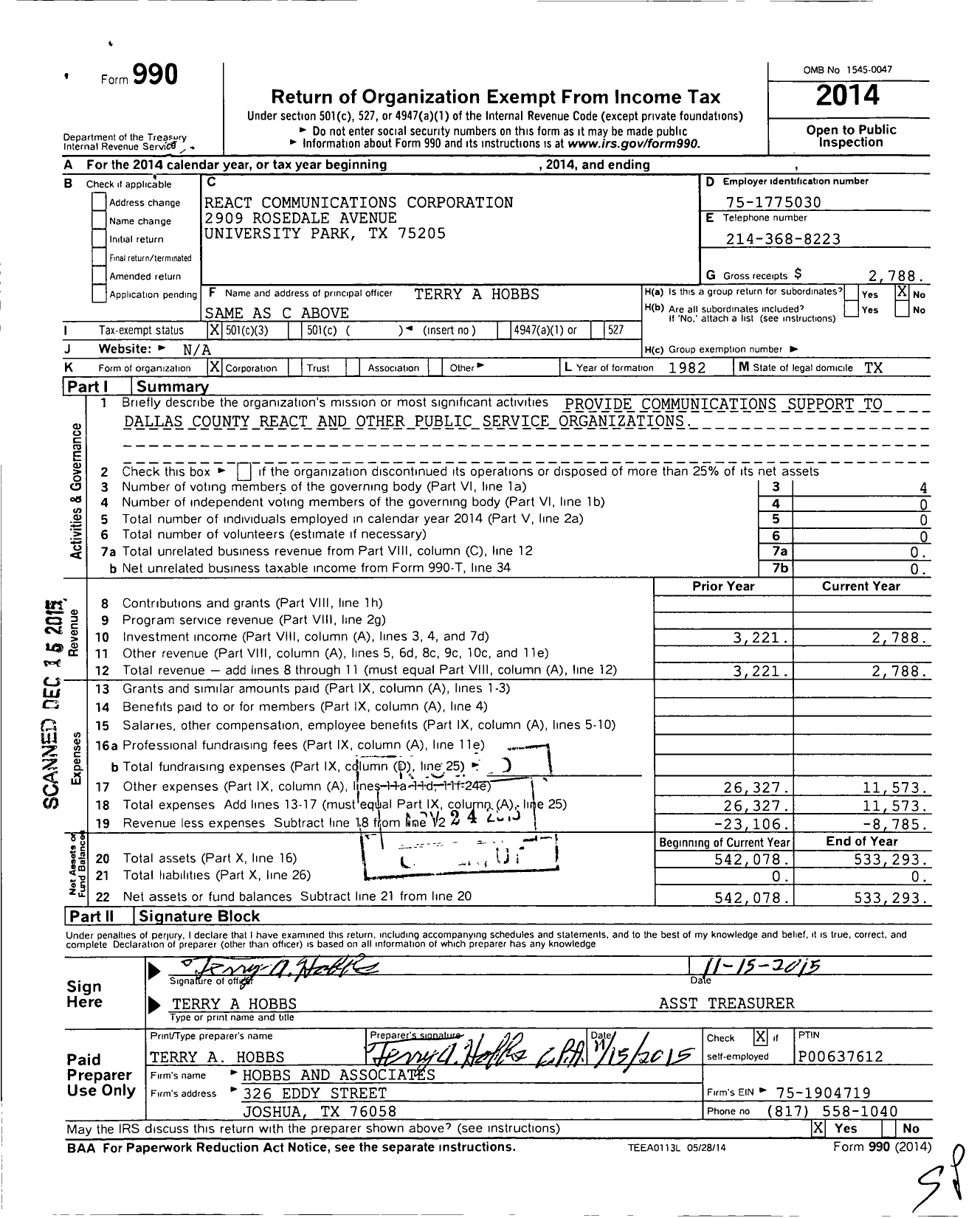 Image of first page of 2014 Form 990 for React Communications Corporation