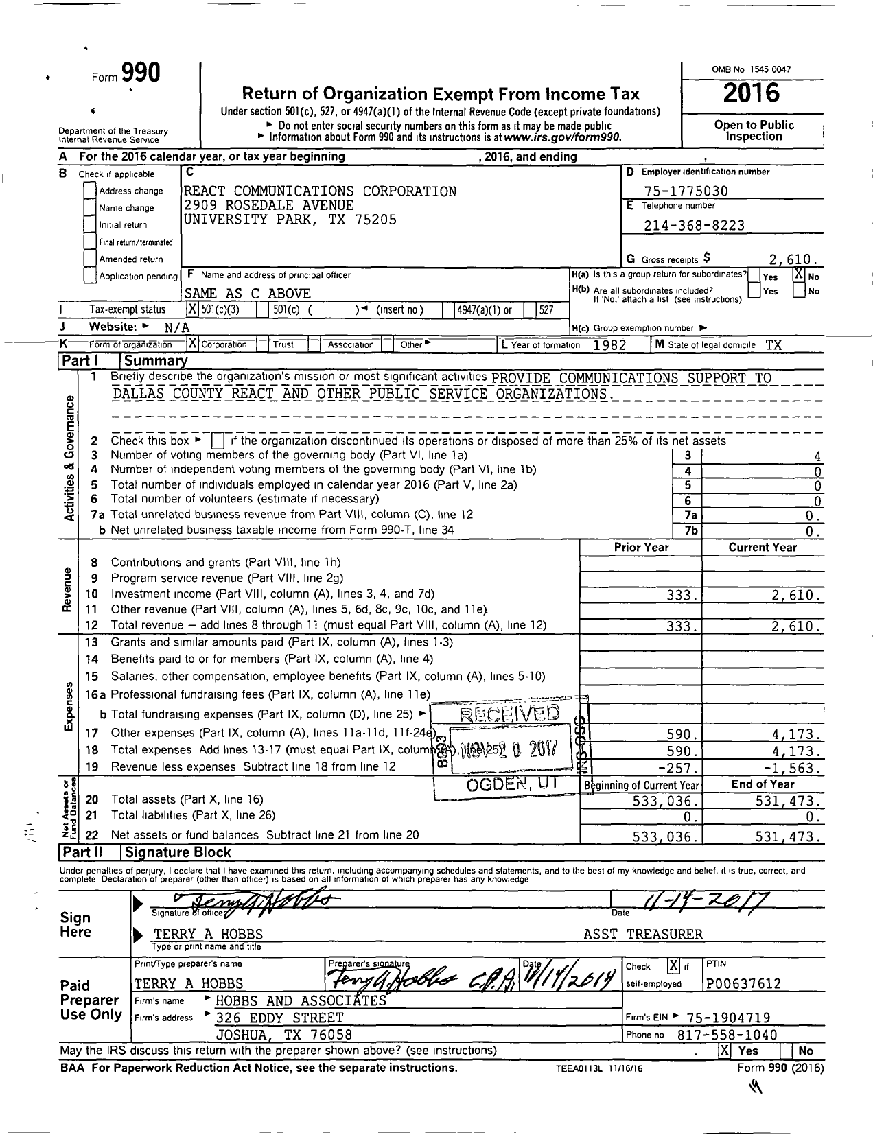 Image of first page of 2016 Form 990 for React Communications Corporation