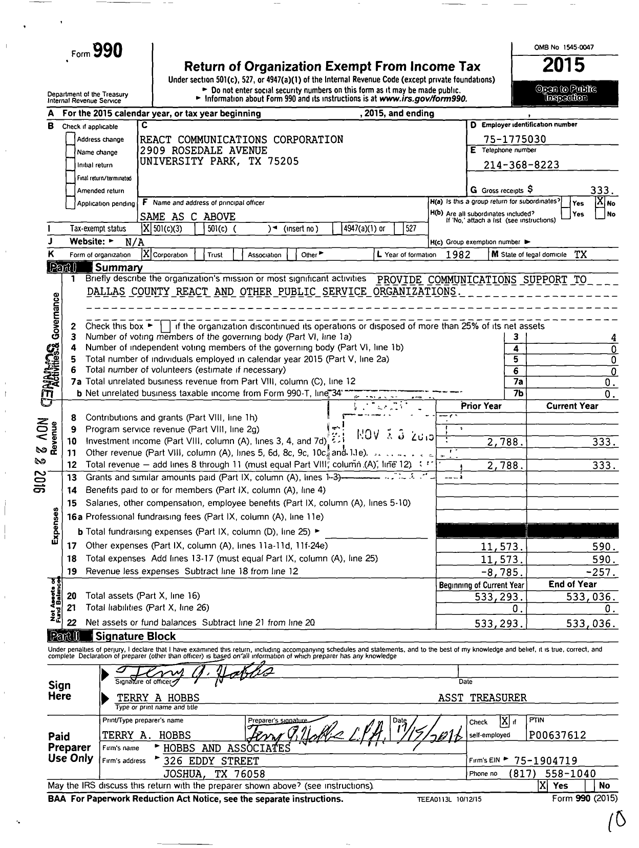 Image of first page of 2015 Form 990 for React Communications Corporation