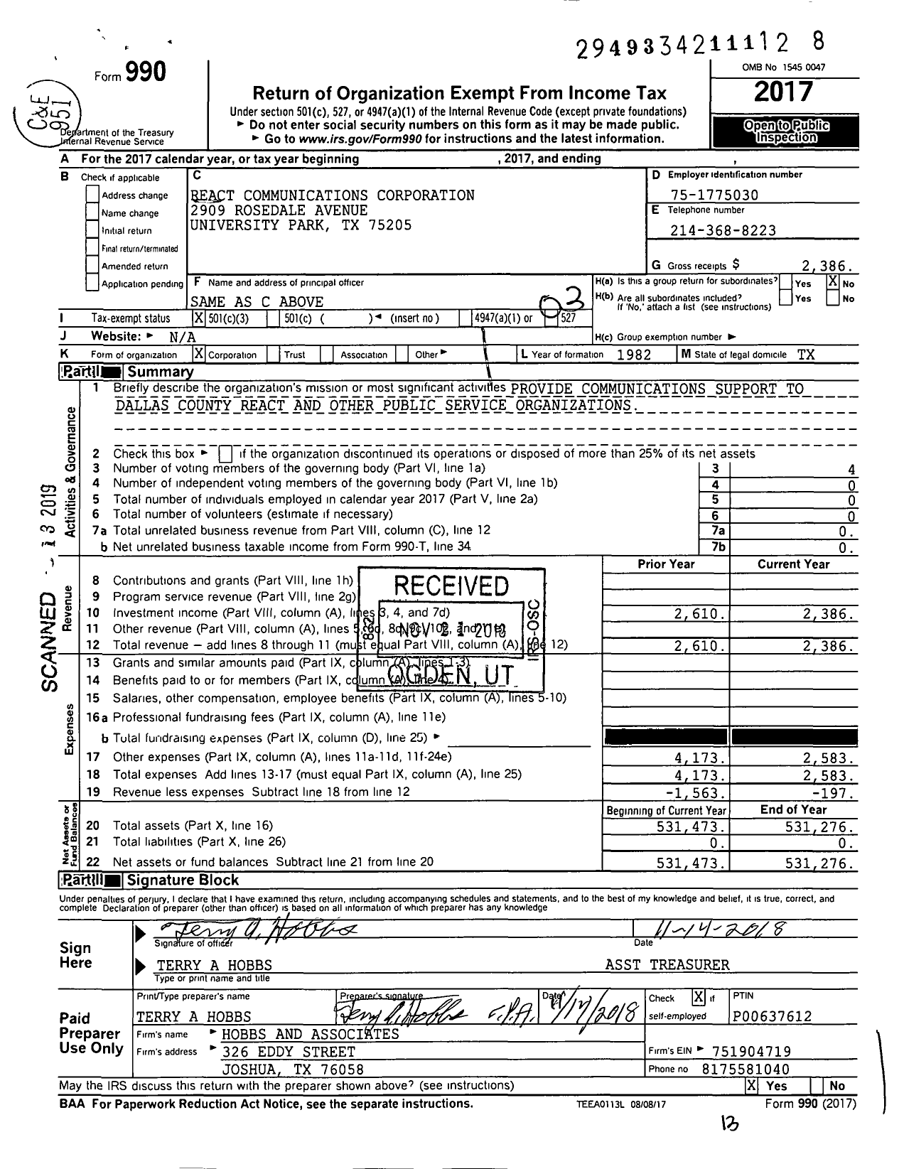 Image of first page of 2017 Form 990 for React Communications Corporation